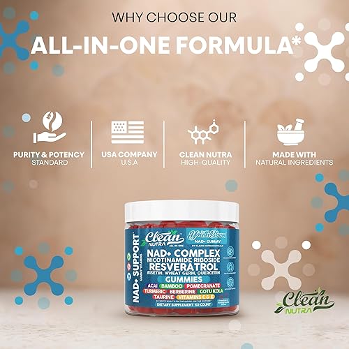 Miniatura 8 de Clean Nutra YouthBloom - Gomitas complejas NAD+, 60 unidades, con resveratrol, ribósido de nicotinamida, vitaminas y antioxidantes