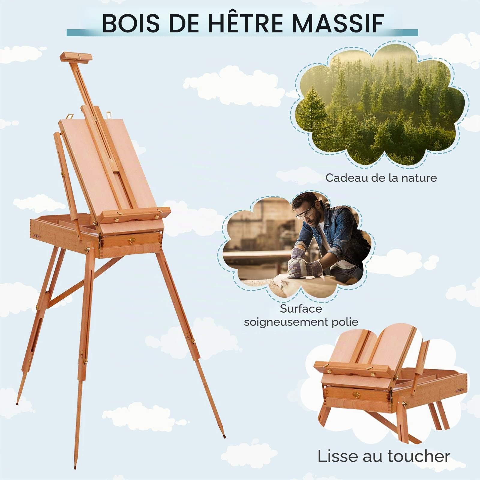 LIFEZEAL Chevalet en Bois de Hêtre Avec Tiroir - Peinture Réglable 71x114x149-183CM, Pliable Avec Tableau Naturel, Portable d'Artiste