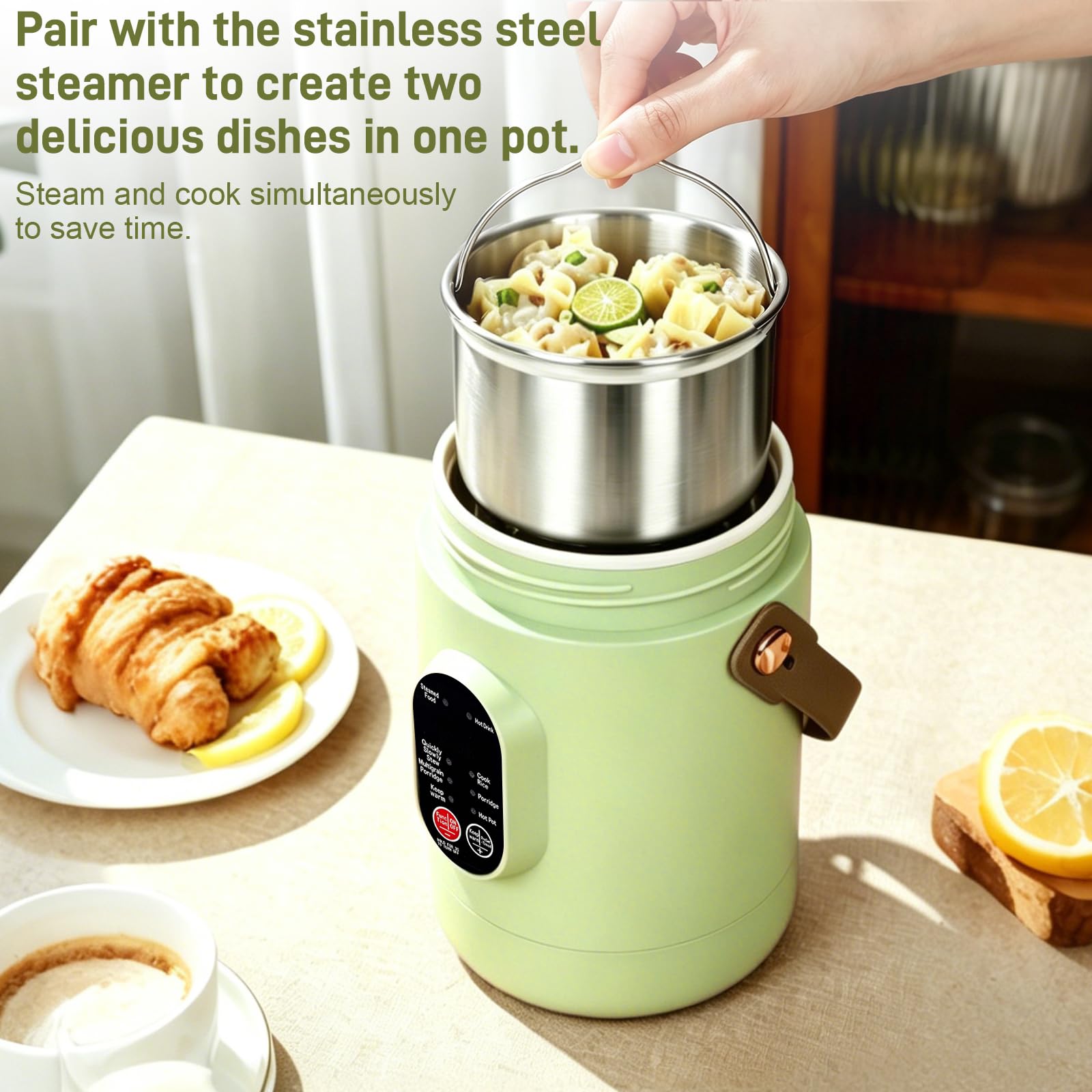 Olla eléctrica portátil de 1,2 L, con cesta vapor de acero inoxidable, cocina de viaje multifunción de 500 W, 8 funciones y temporizador inteligente 12 h, ideal para pasta, sopas y olla caliente