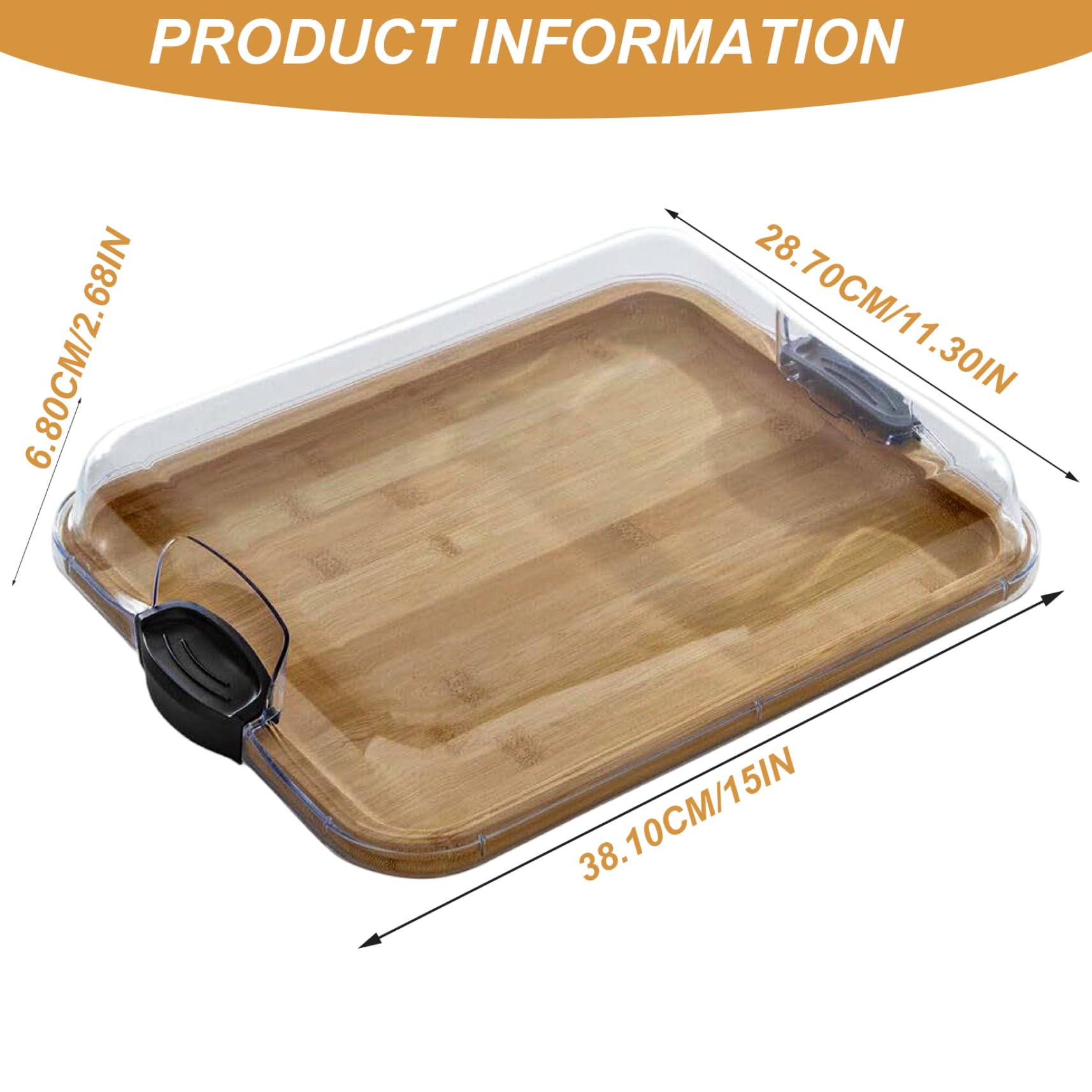 Tabla de cortar de bambú 2 en 1, reversible, con tapa transparente y asas negras para verduras, frutas, embutidos y aperitivos.
