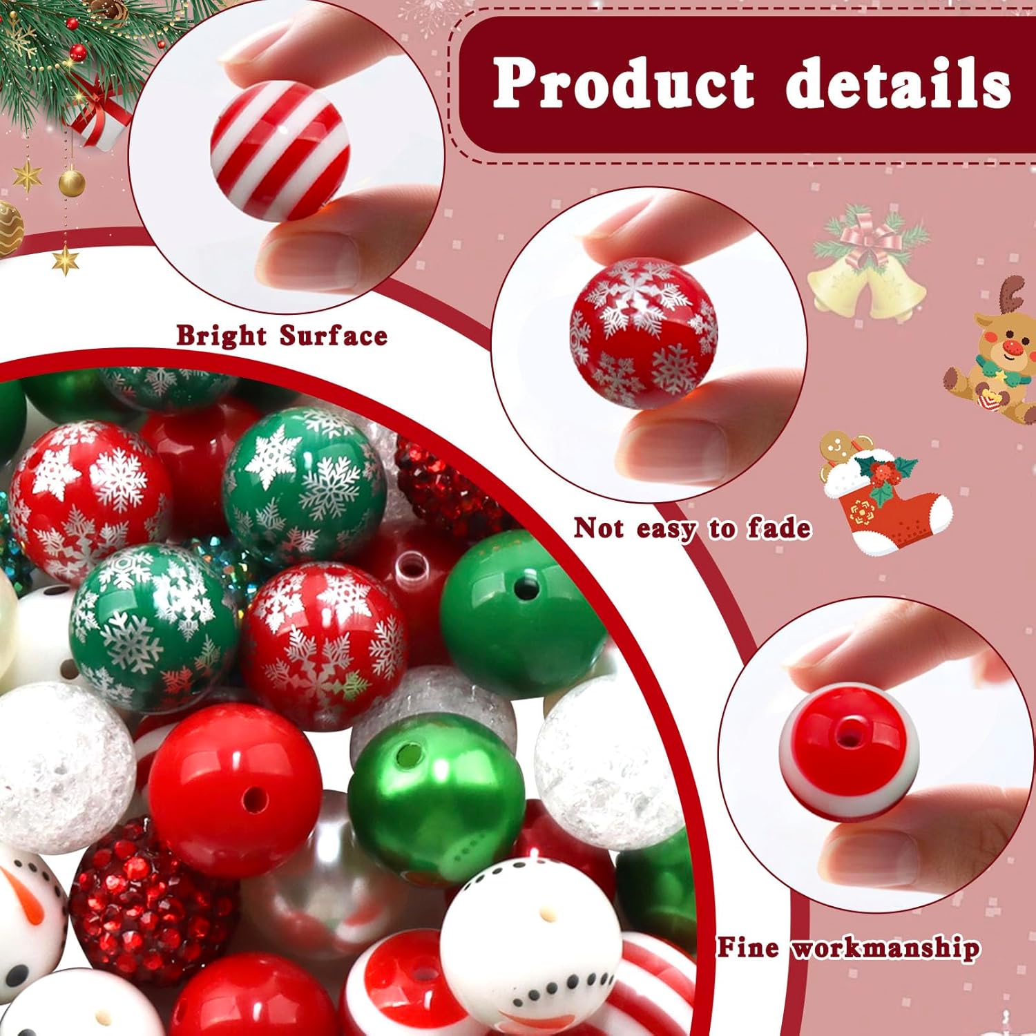 50 Pcs Christmas 20mm Bubblegum Beads,Christmas Acrylic Plastic Beads for Holiday Crafts Jewelry Making Necklace Bracelet Craft Supplies (Snowman) - Image 3