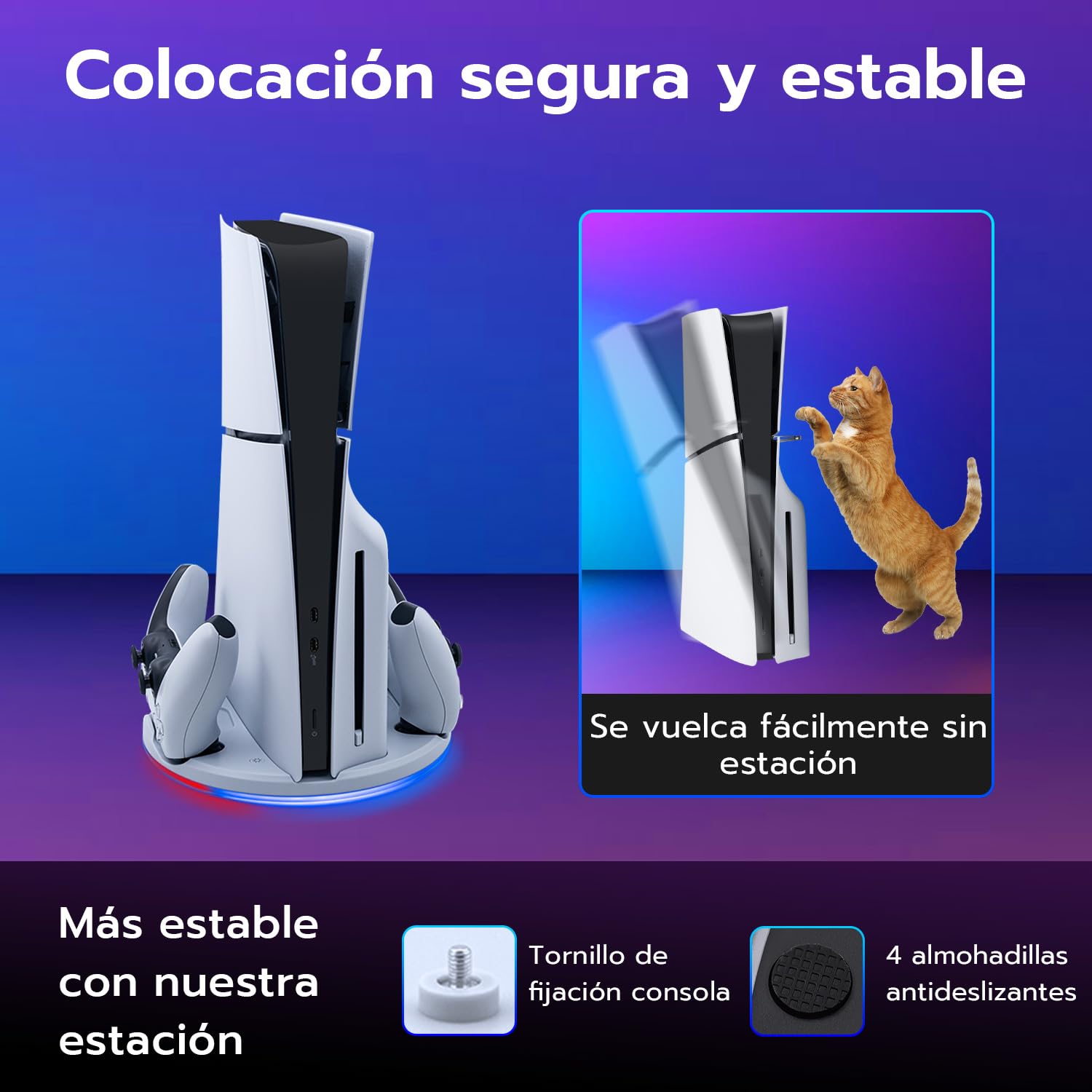 Wigearss Soporte Vertical para PS5 Slim, Base de Carga para Controladores Dual PS5 y Soporte para Auriculares, con Luz Ambiental LED, Compatible con PS5 Slim DE/UHD (No Compatible con PS5/Pro)
