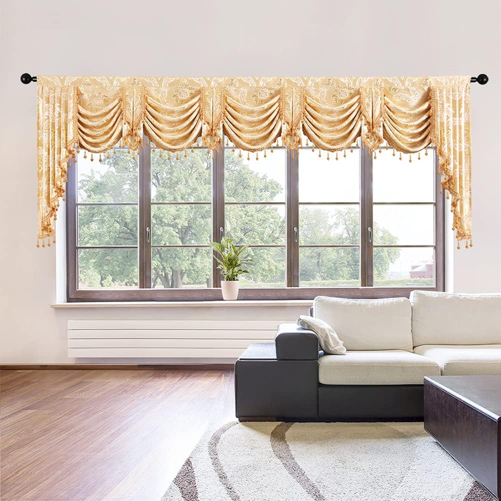ELKCA European Style Golden Jacquard Swag Waterfall Valance