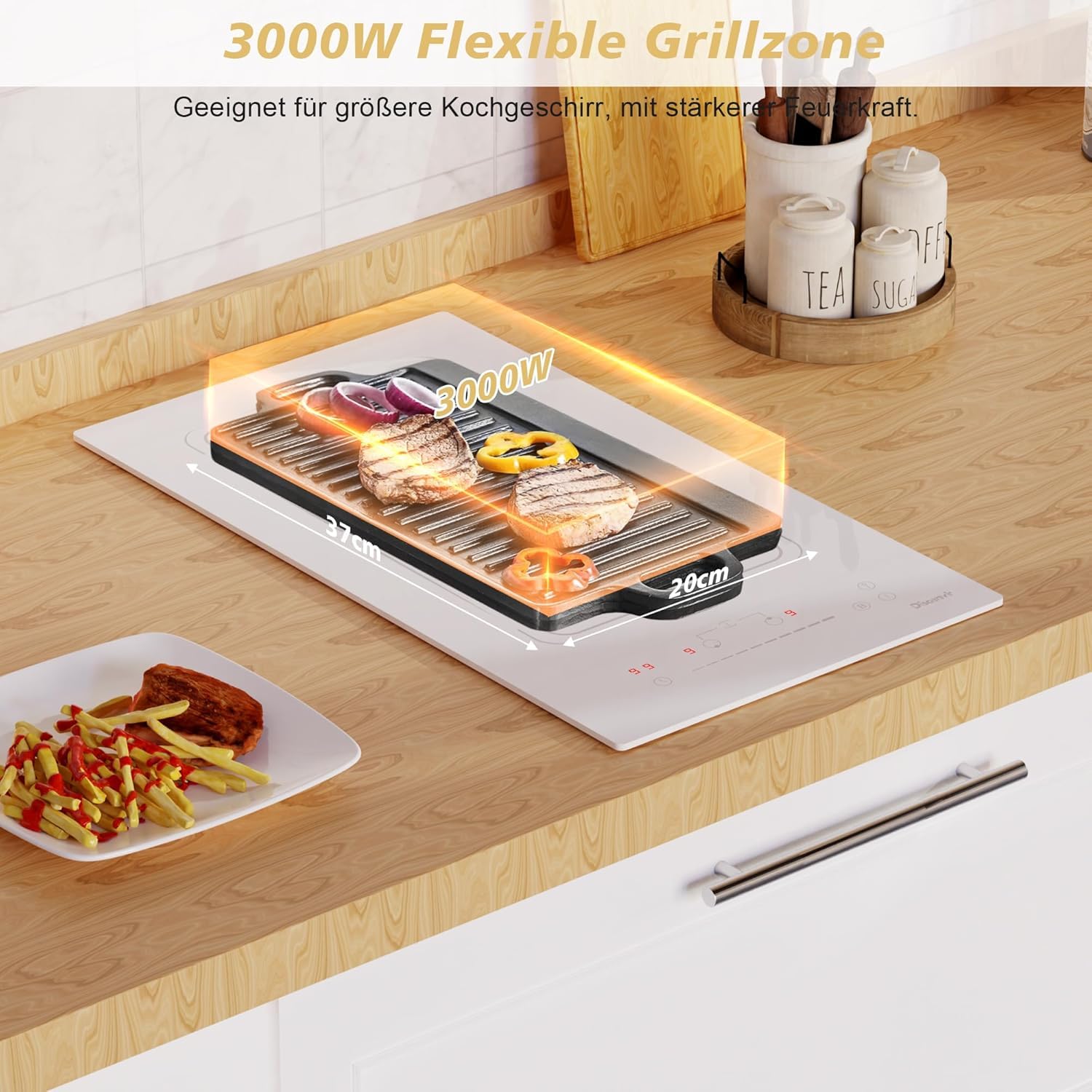 Placa Inducción 2 Fuegos Empotrable, Blanca, 30 cm, 3500 W, Placa Induccion con Enchufe de 220 V, 9 Niveles de Potencia, Función Boost, Temporizador y Protección Antitoque, Flexible Zona