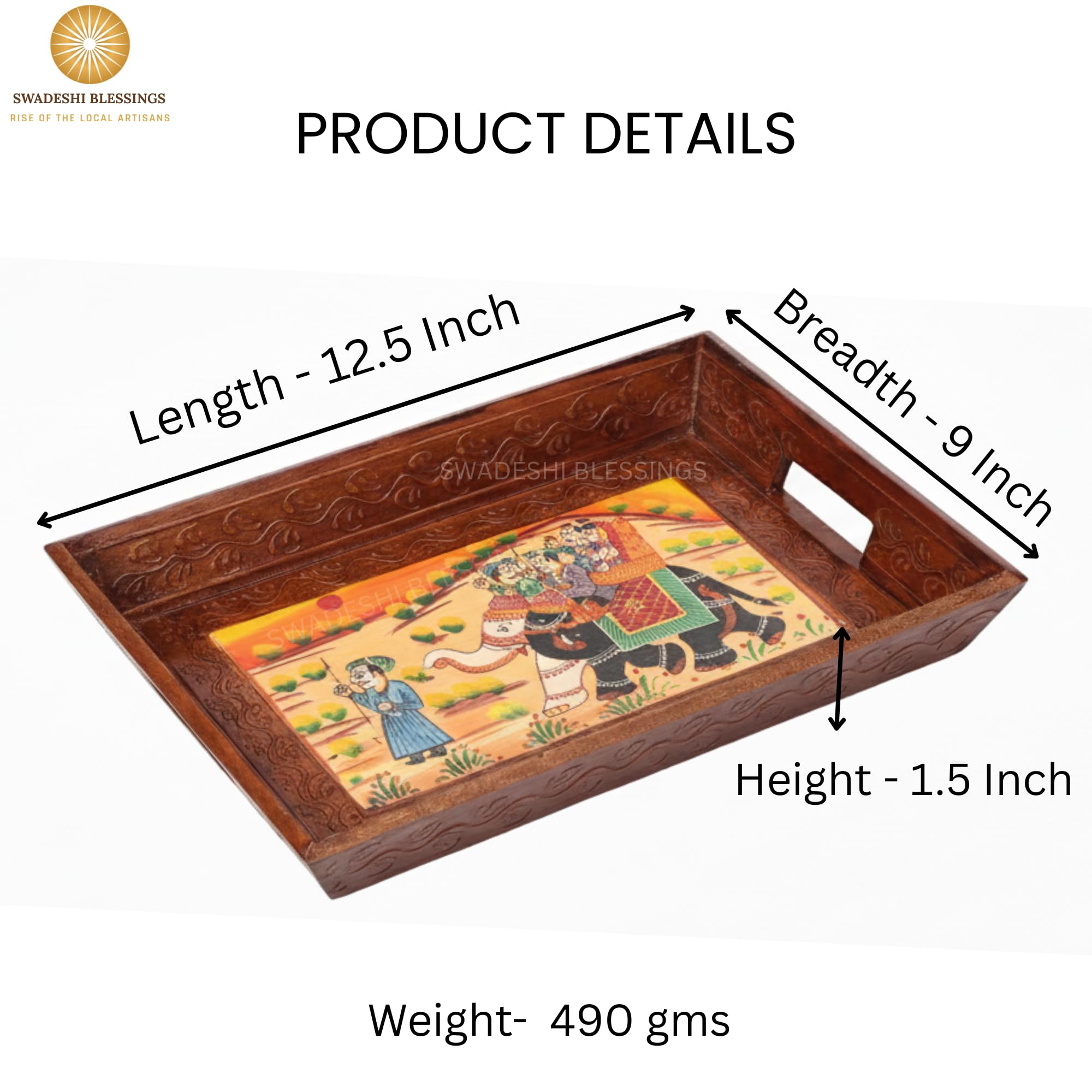 SWADESHI BLESSINGS Wooden Tray for Serving- Handcrafted & Hand-Painted for Kitchen/Rectangular Table & Home Decor/Dinning/Gifts/Restaurants/Living Room/Coffee Table 30Cm (Single Tray) (Brown) 1