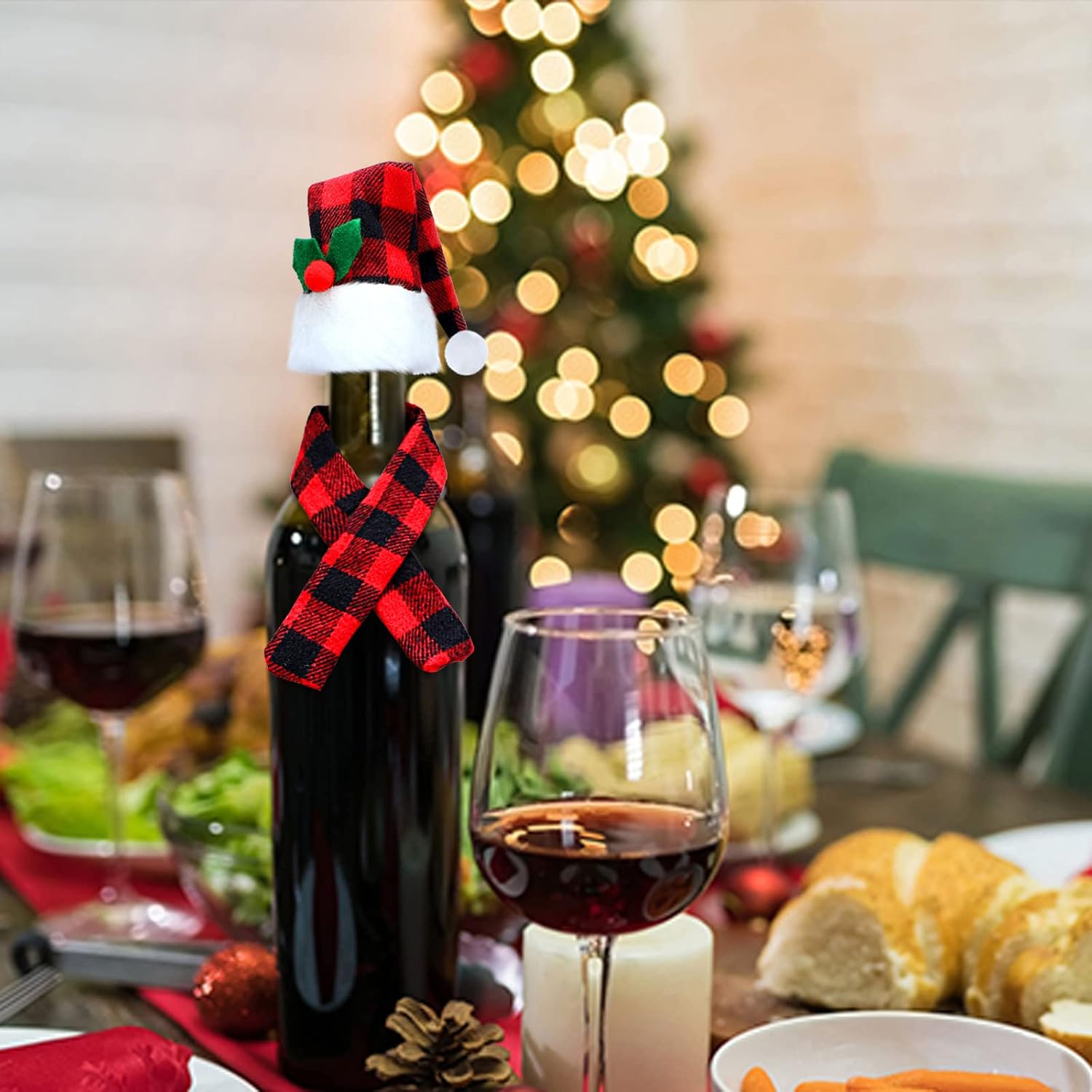 24 Pieces Christmas Wine Bottle Cover Set Christmas Buffalo Plaid Mini Xmas Santa Hat Scarf for Wine Bottle(Cute)