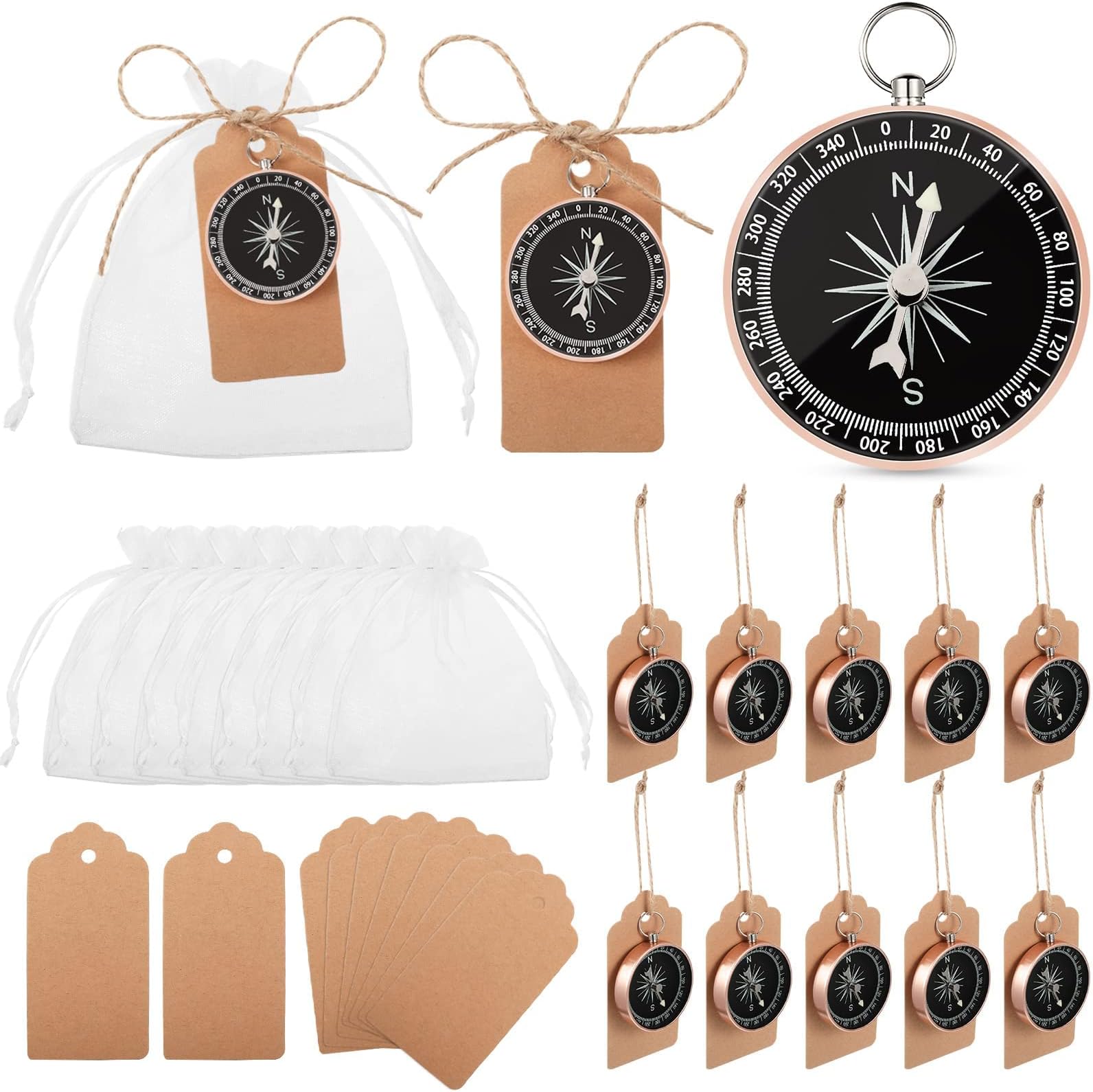 MAKINGTEC 30PCS Compass Wedding Favors Set, Mini Compass Souvenir Present Nautical with Kraft Tags and White Organza Bag for Guests Birthday, Wedding, Nautical Travel Party, Souvenir Gift Favors