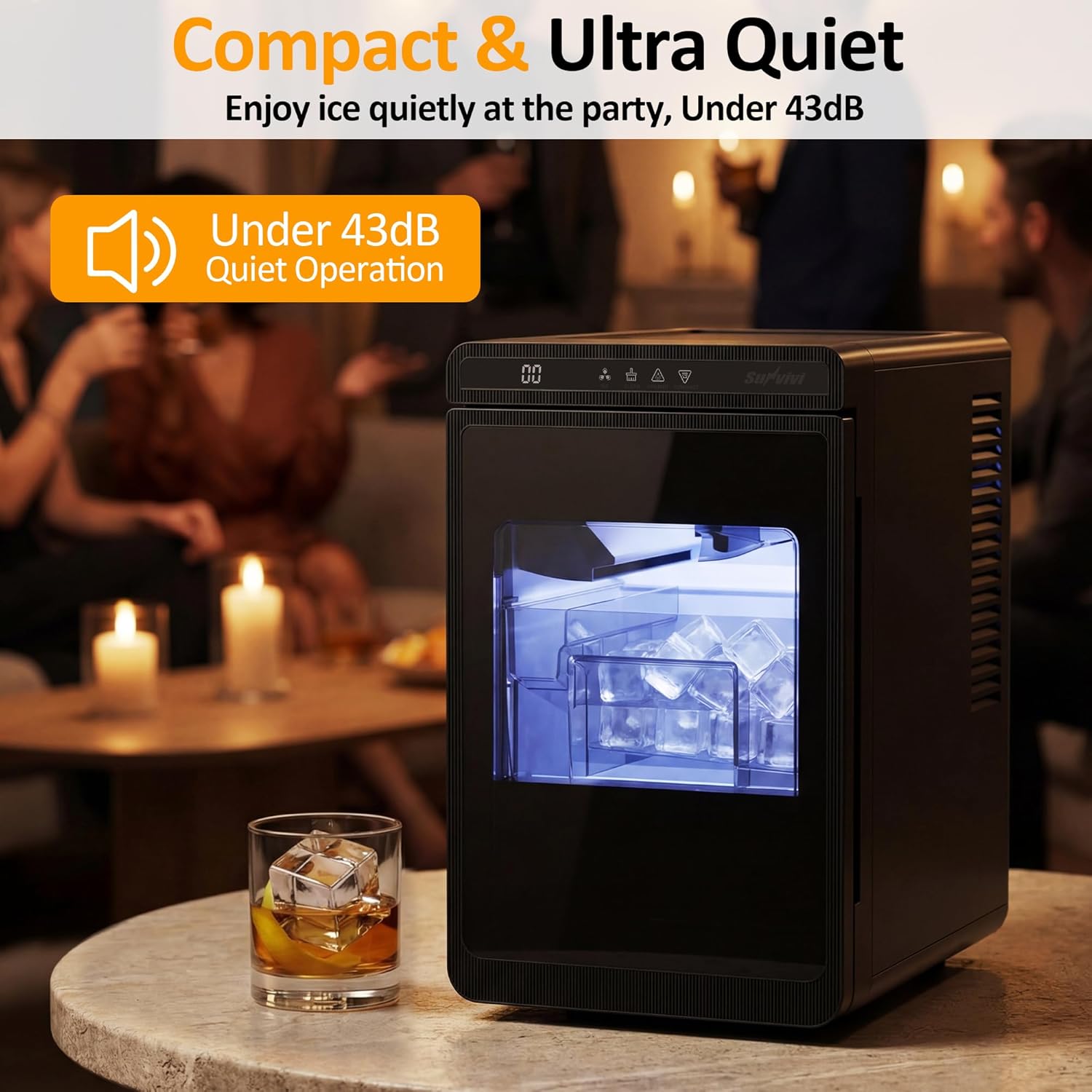 Sunvivi Clear Ice Maker, Compact Countertop Ice Machine, Fast 10-Min Ice Production, Self-Cleaning, LED Light & Timer, Portable Electric Ice Maker for Kitchen