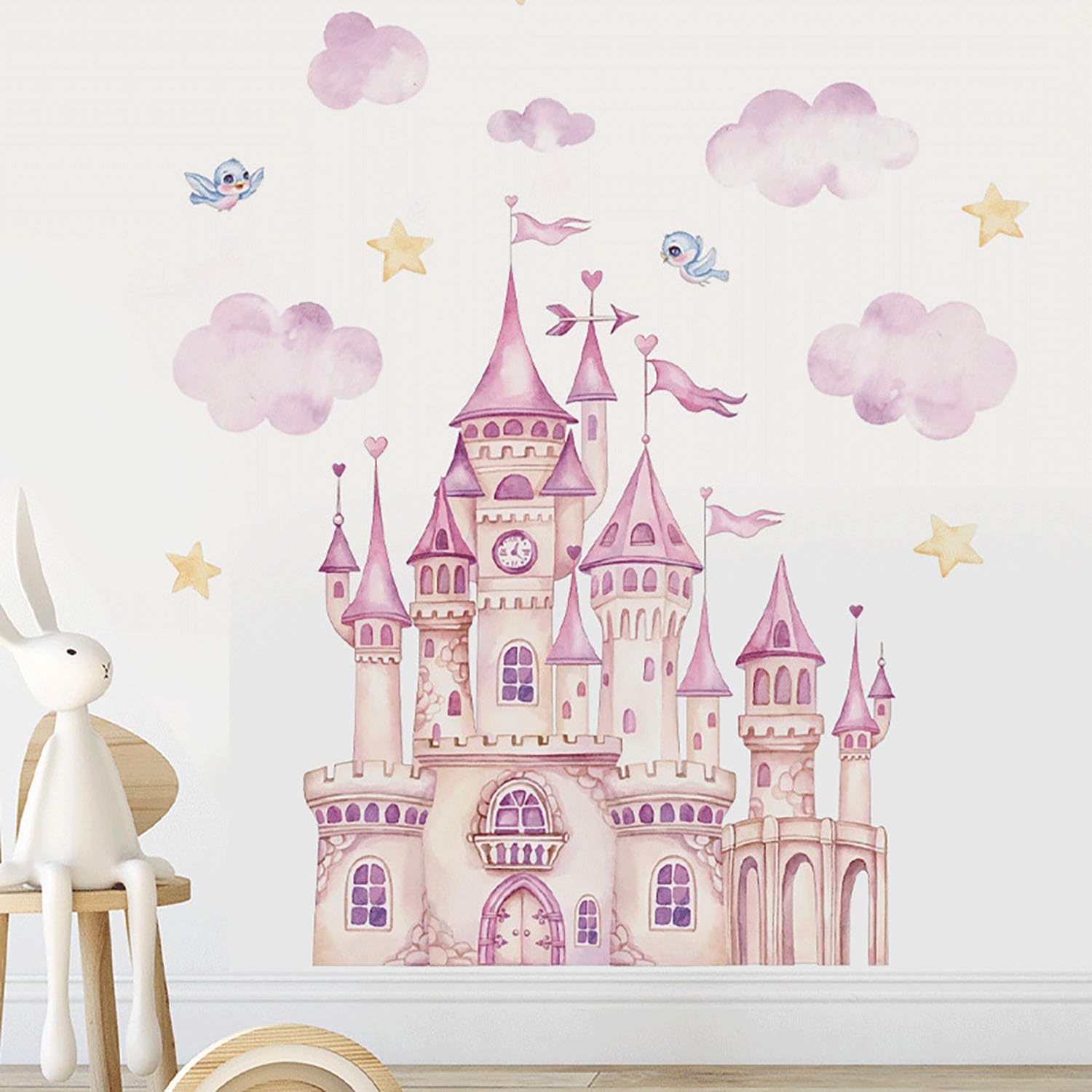 Pink Princess Castle Wall Stickers Large Cloud Star Princess Castle Peel and Stick Wall Decals, Removable Art Wall Decor for Bedroom Living Room Apartment Office Home Interior Decoration