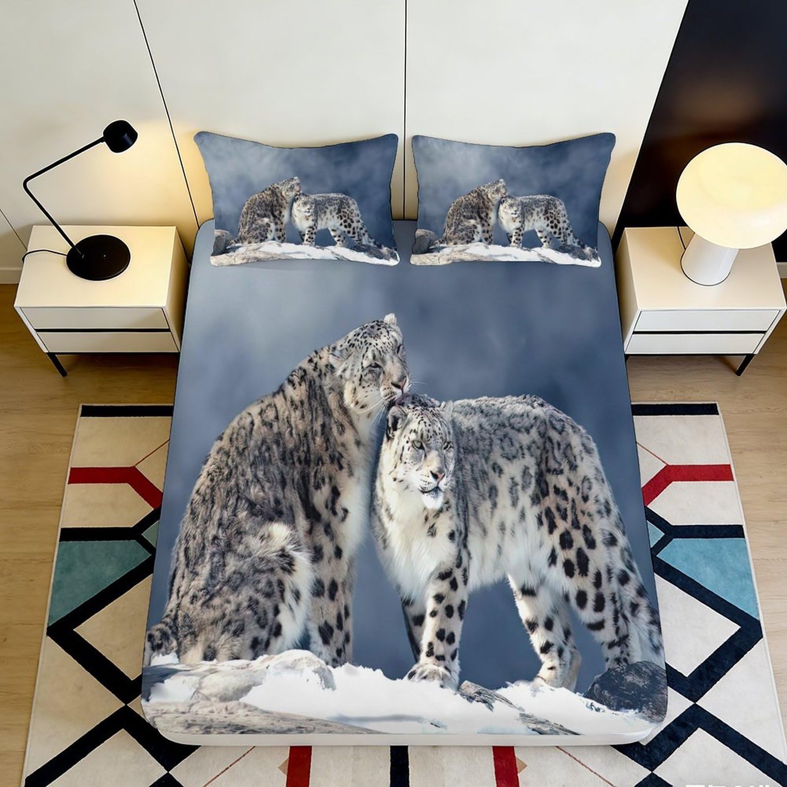 3D Printed Snow Leopard Fitted Sheet Microfiber Soft Non-Slip Mountain Wild Cat Mattress Cover for Bedroom Decor 160x200x25cm
