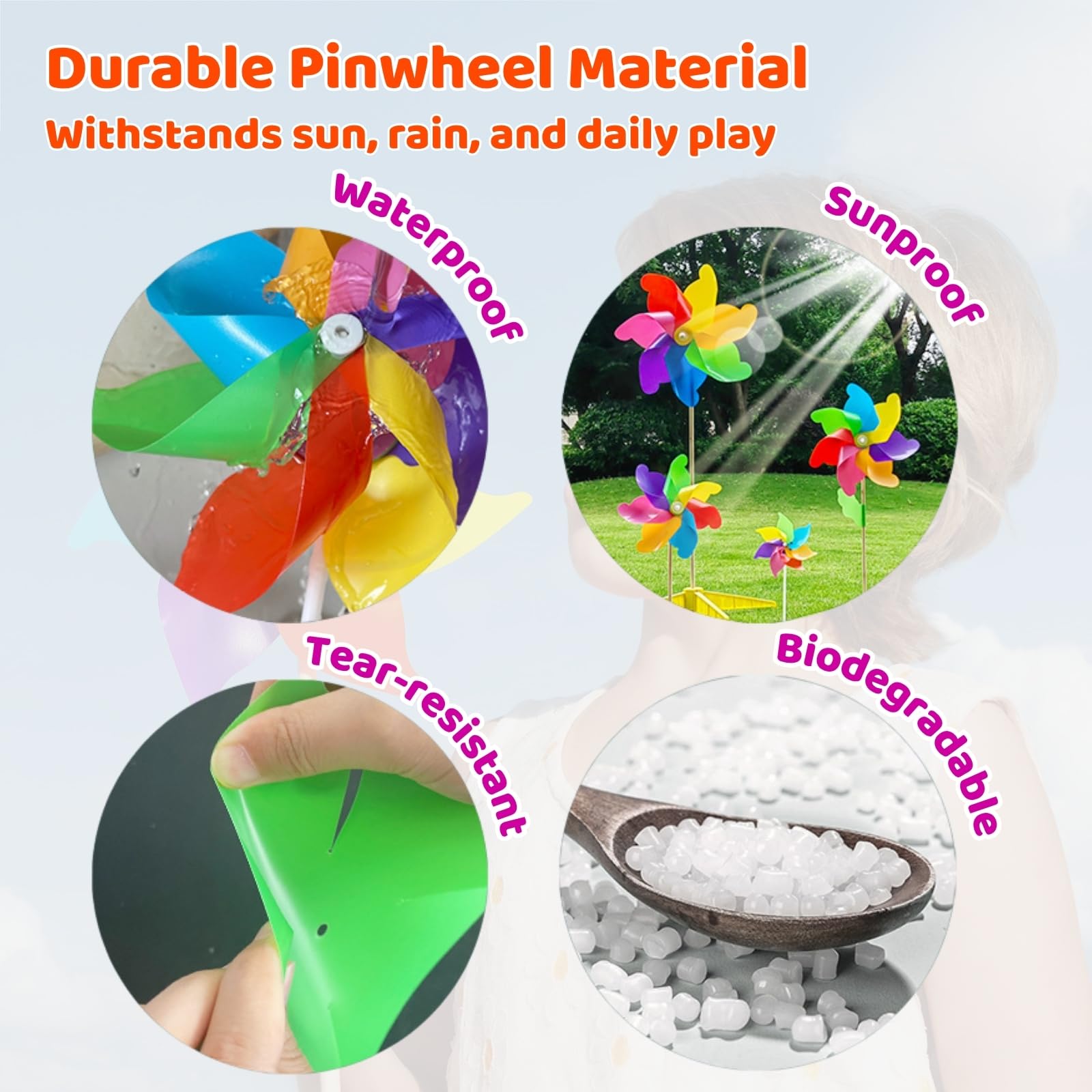 25 PCS Rainbow Flower Pinwheels, 17 Inch Plastic Colorful Windmills with Wood Sticks for Lawn Patio Garden Picnic Party Yard Decoration - Image 4