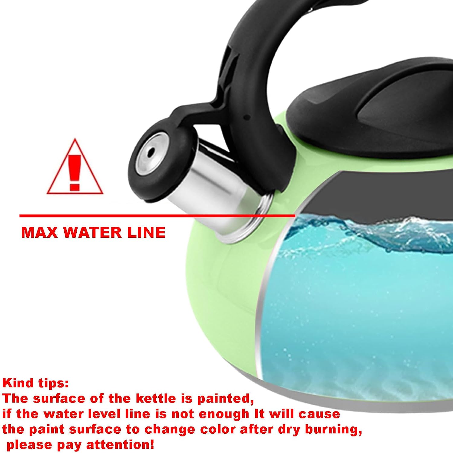 Whistling Green Tea Kettle Stovetop, Tea Pot with Cool Touch Ergonomic Handle, Food Grade 304 Stainless Steel Tea Kettle, 2.6 Quart Teapot for Tea, Coffee, Milk