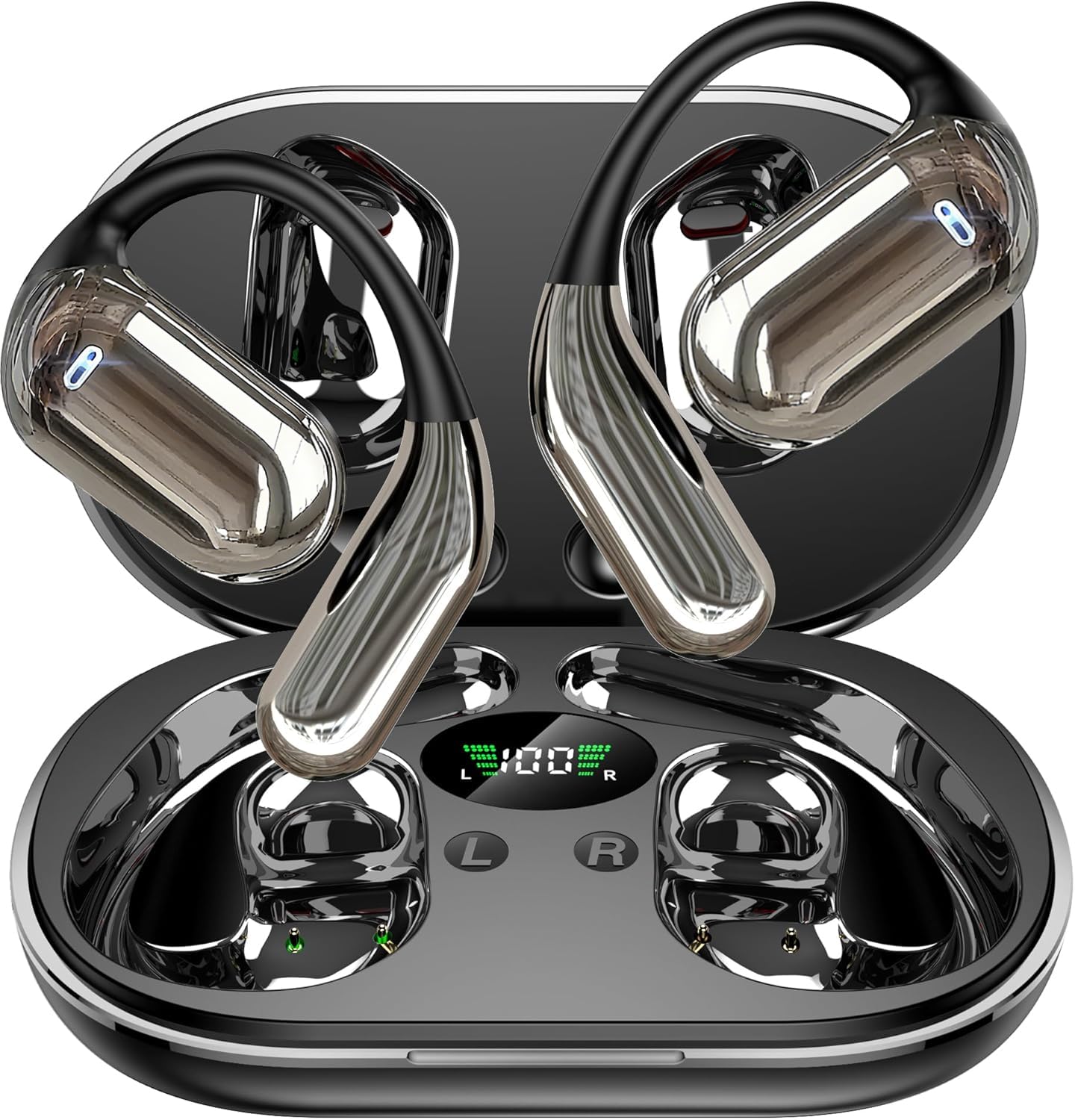 Open Ear Earbuds Bluetooth Headphones 60Hrs Playtime Wireless Ear Buds with Earhooks IPX7 Waterproof Touch Control Earphones Sport Headsets Bluetooth 5.4 Headsets for Workout Running Obsidian Black