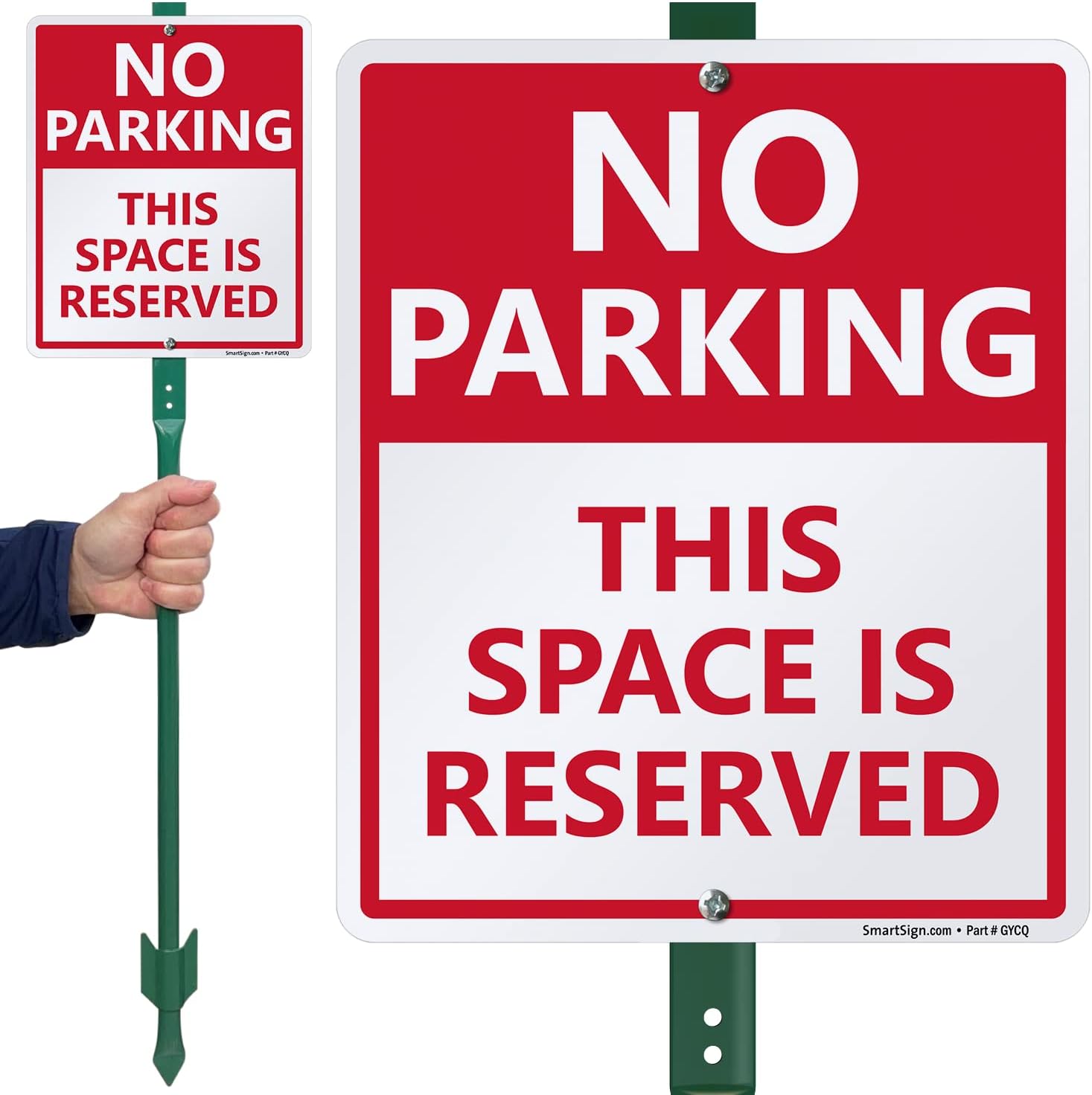 SmartSign 12 x 10 inch “No Parking - This Space Is Reserved” LawnBoss Yard Sign with 3 foot Stake, 40 mil Aluminum, Laminated Rustproof Aluminum, Red and White, Set of 1, Made in USA