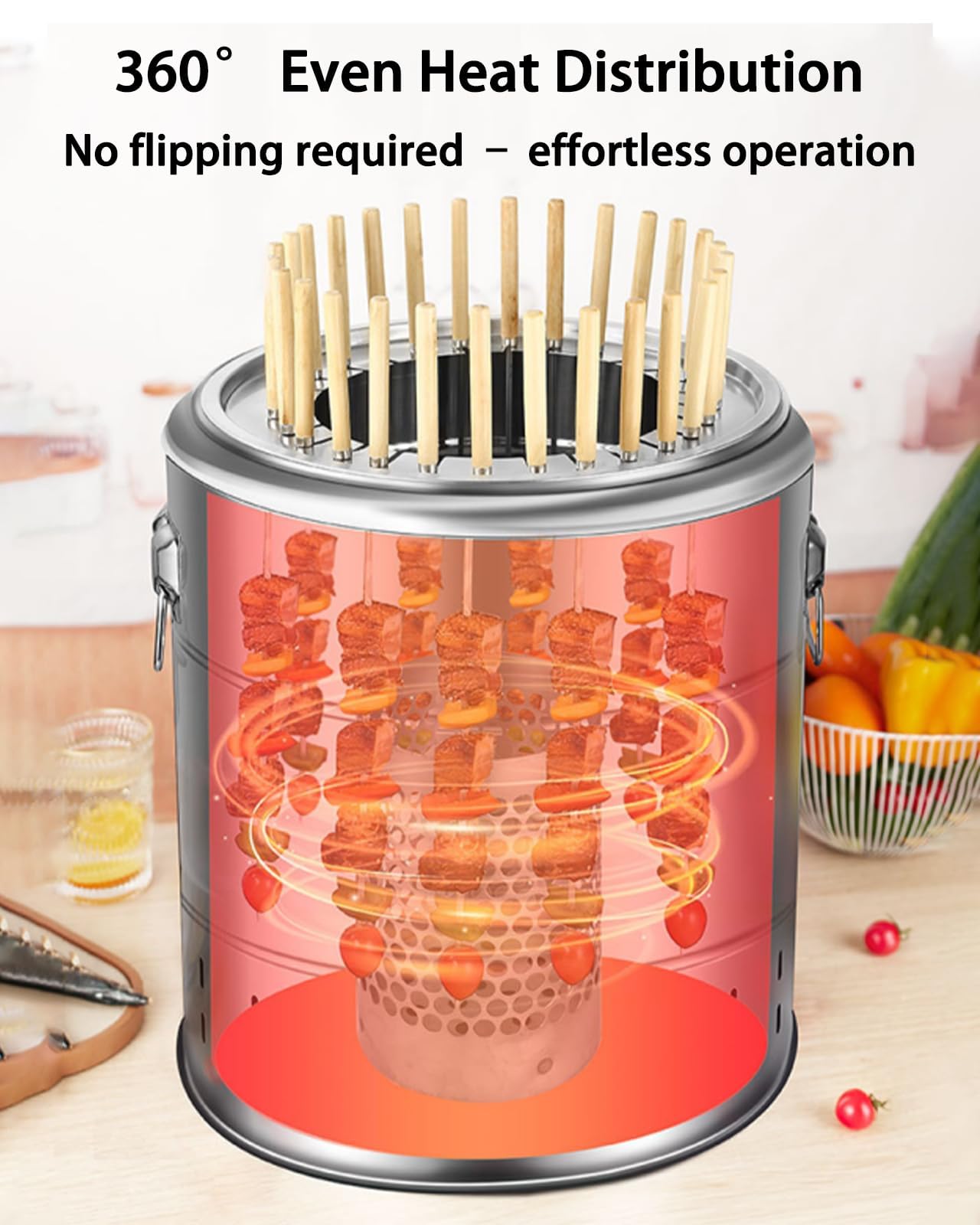 Kebab grill ze stali nierdzewnej, dwuwarstwowy grill bezdymny z 28 szpikulcami, do pieczenia 360°, idealny na piknik, kemping, podróż, duży rozmiar bez użycia węgla