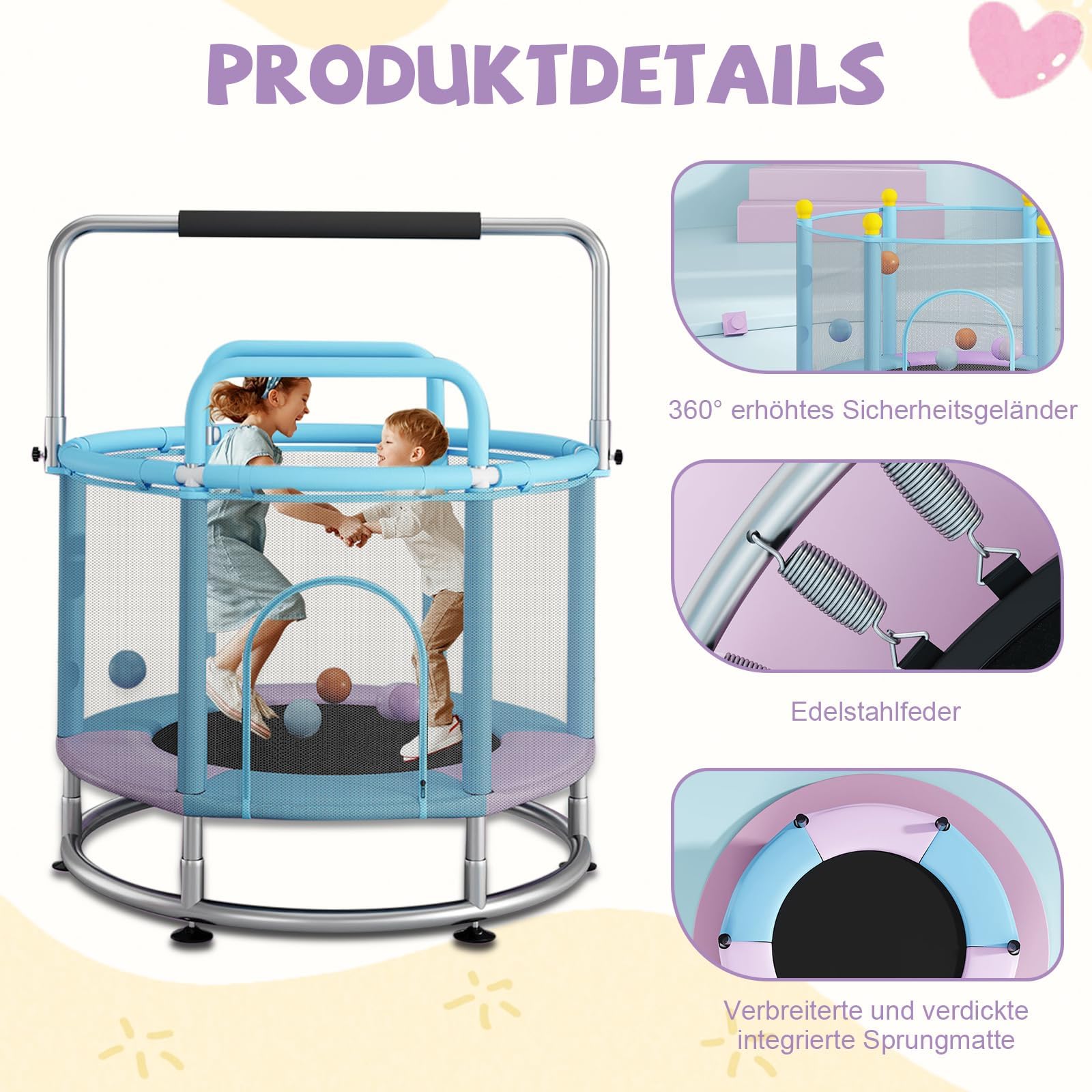 Trampoline pour enfants, avec filet sur tout le pourtour et barres de gymnastique réglables pour l'intérieur, l'extérieur, pour enfants, garçons, filles, 140 cm