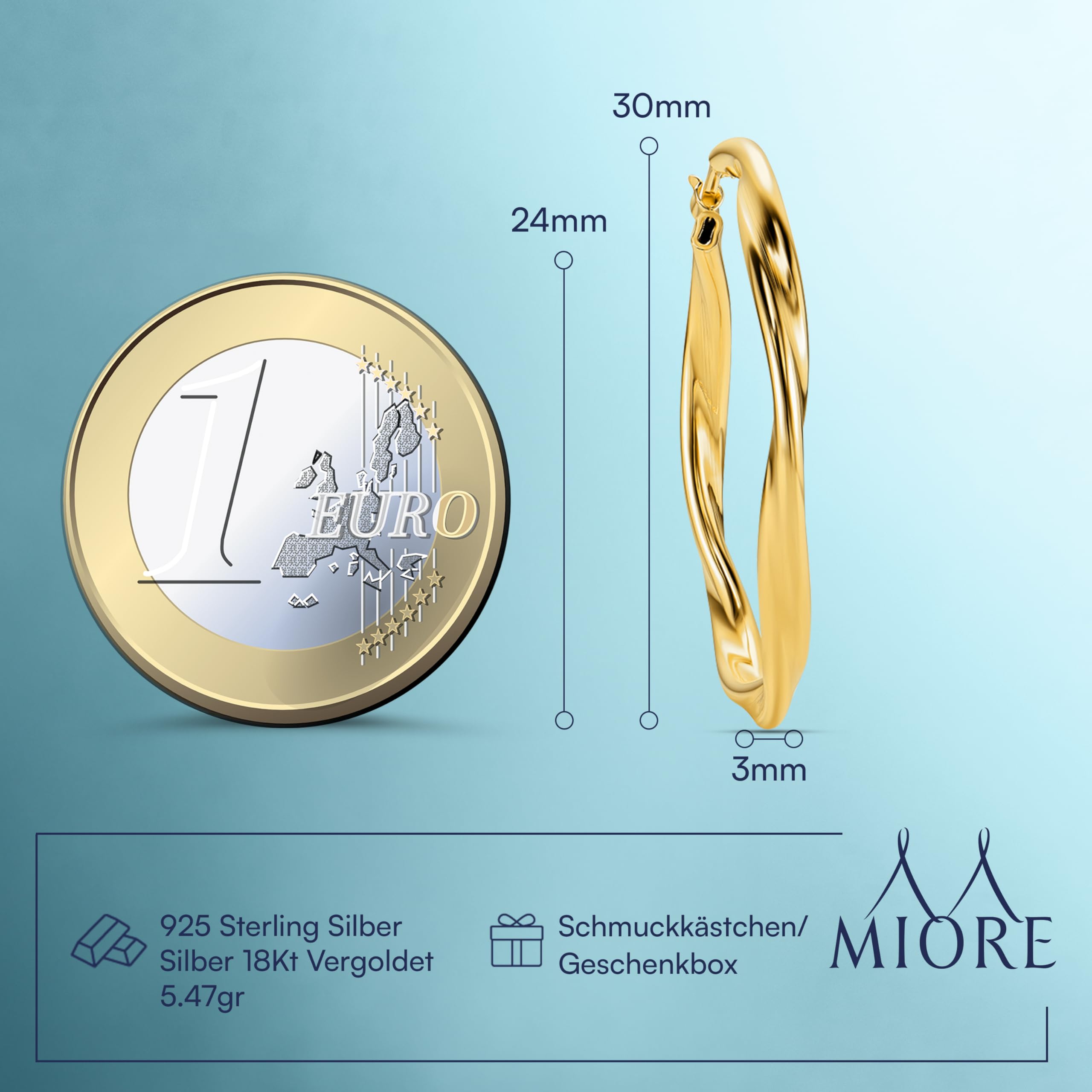 MIORE Schmuck Handgefertigt in Italien, Ohrringe Silber 925 Hoops, Gedrehte Kreolen 30 mm Durchmesser, Runde Creolen Silber Ohrringe Damen Vergoldet 18K Gold, Ohrschmuck