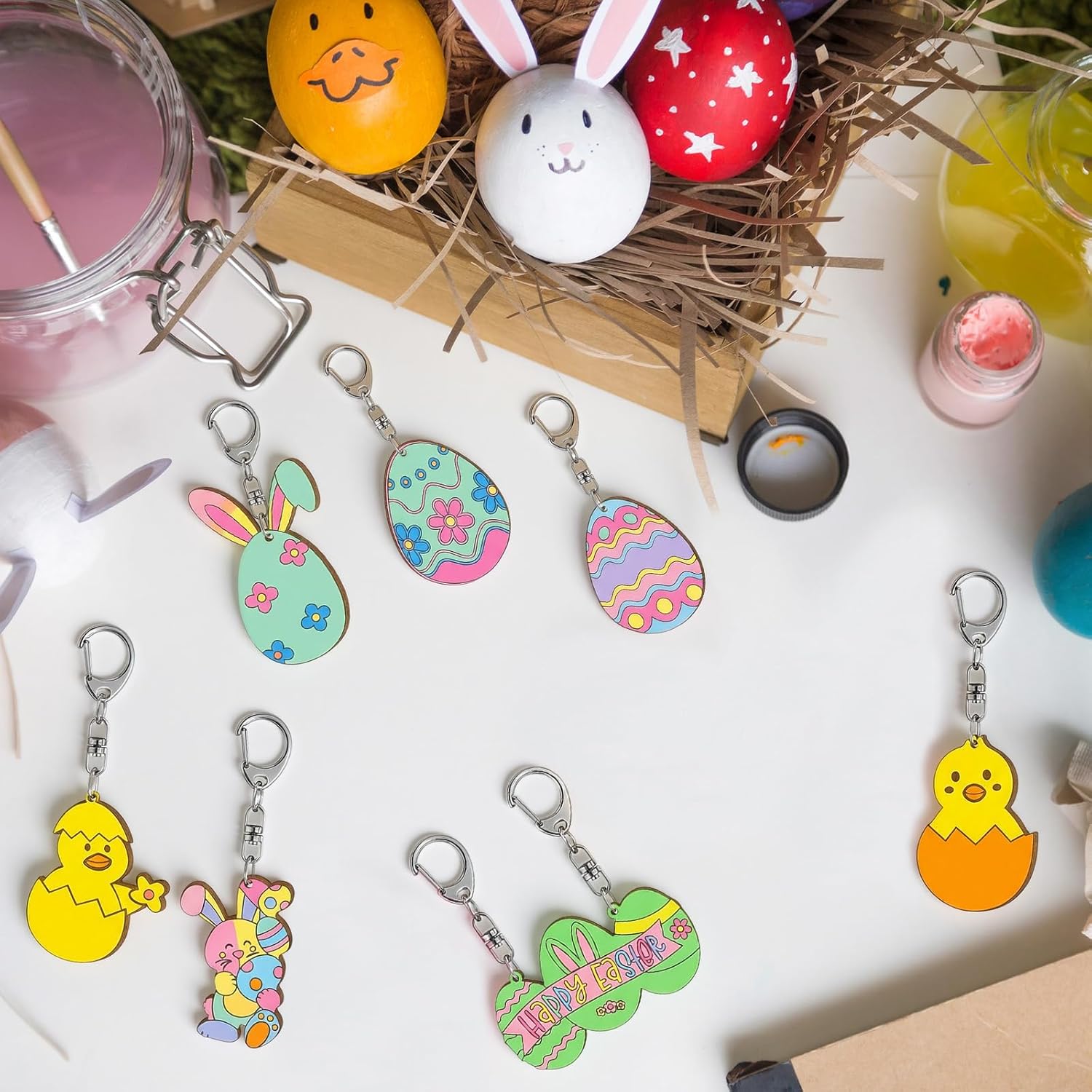 Cunno 96 Pcs Easter Wooden Keychain Crafts - Unfinished Easter Eggs Chick Bunny Ornaments Set with Keyrings & Markers, DIY Christian Coloring Crafts for Party Home Activities