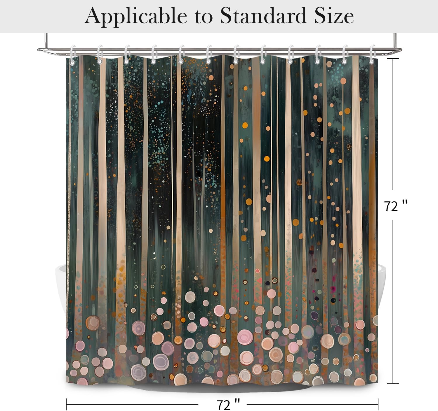 Gustav Klimt Inspired Abstract Woodland Shower Curtain with Hooks, Whimsical Floral Botanical Boho Bathroom Décor, Funky and Colorful Waterproof Bath Tub Curtain, 72x72 Inch image 2