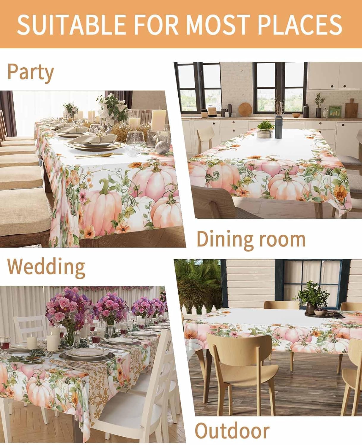 Pink Pumpkins Thanksgiving Tablecloth Rectangle Table Cloths 60 x 120, Waterproof Tablecloth Wrinkle Free Table Cloth Table Cover for Outdoor Indoor Kitchen Dinning Tabletop Fall Sunflowers Leaves