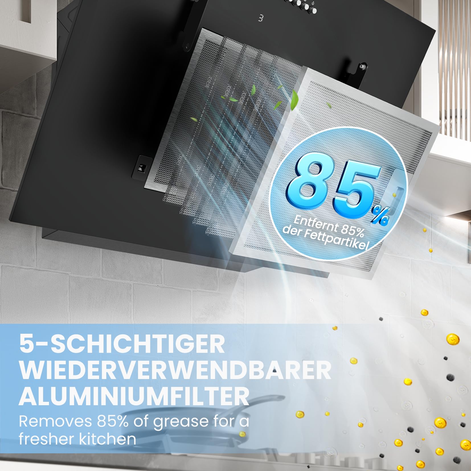COMFEE' CH60J78EM4A2B Dunstabzugshaube 60cm A++, Kopffreihaube 380m³/h Umluft Abluft LED Aktivkohlefilter Schwarz