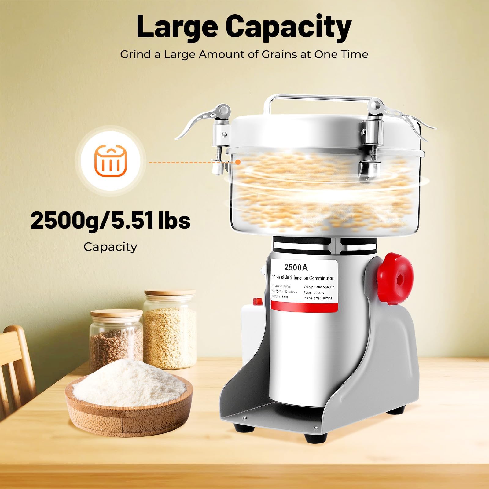 Elektryczny Młynek Do Zboża 4500 W, 2500 G/5,51 Funta Młynek Do Zboża | z 6 ostrzami, 36000 obr./min i oscylacją 180°, 50–300 mesh, timer 5 min i zabezpieczenie przed przeciążeniem
