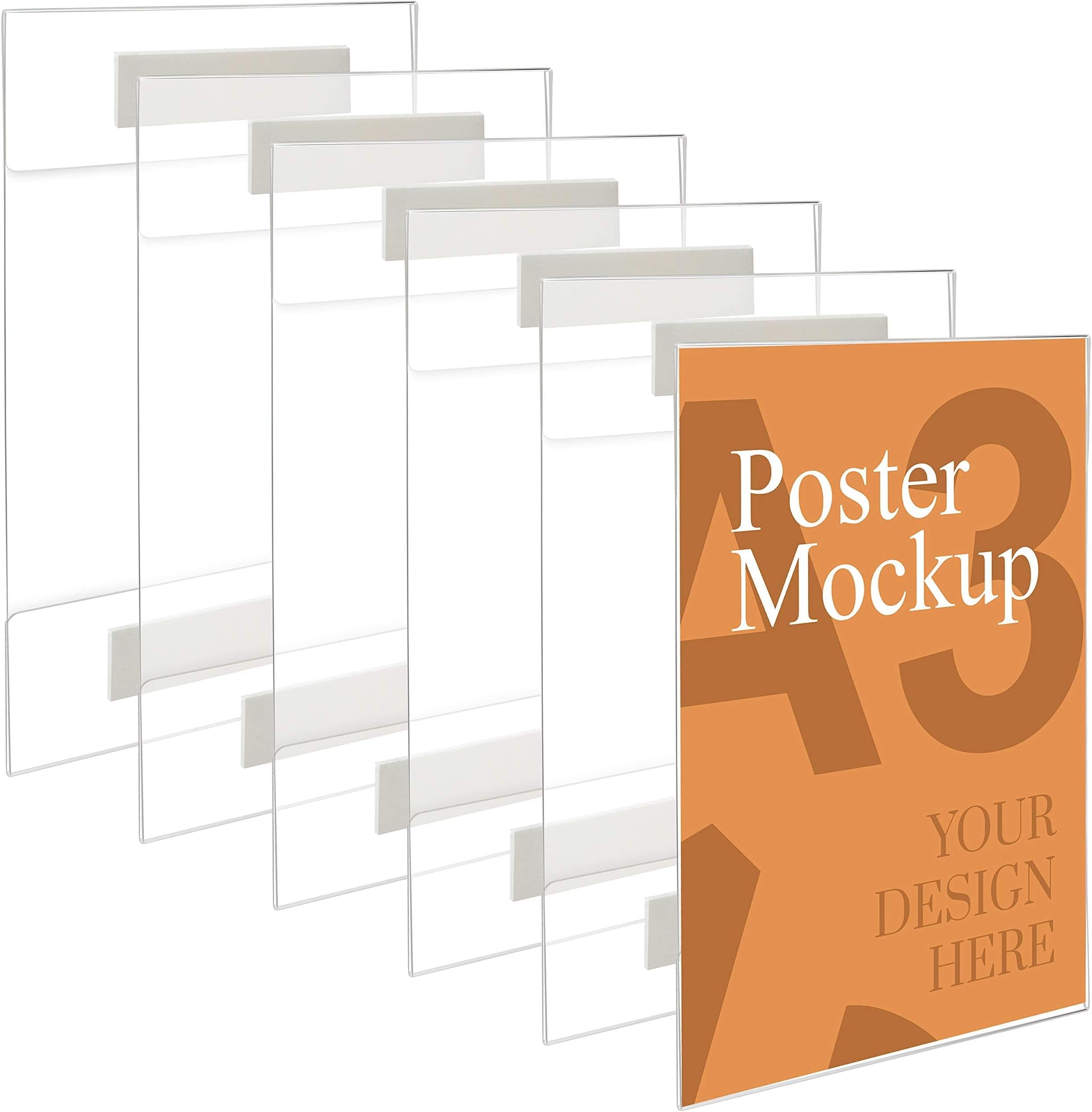 Kurtzy A3 Adhesive Wall Poster Holders (6 Pack) - Universal Wall Mounts - Crack & Scratch Resistant - Clear Acrylic Sign Displays with Adhesive Tape - Office, Store & Restaurant - No Drilling Required