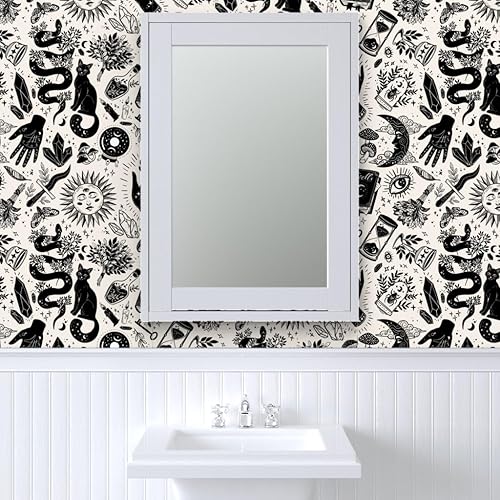 Miniatura 9 de Spoonflower Papel tapiz para despegar y pegar, color negro, blanco, gótico, gótico, mágico, de Halloween, bruja, monocromático, extraíble,