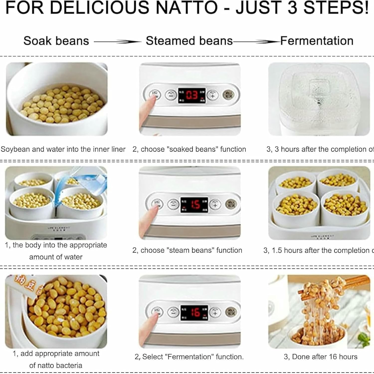 Natto Machine, Smart Fermentation Machine 1.5 L with 4 Ceramic Containers, Constant Intelligent Temperature of 40 ℃ to Make Yogurt and Prepare Natto