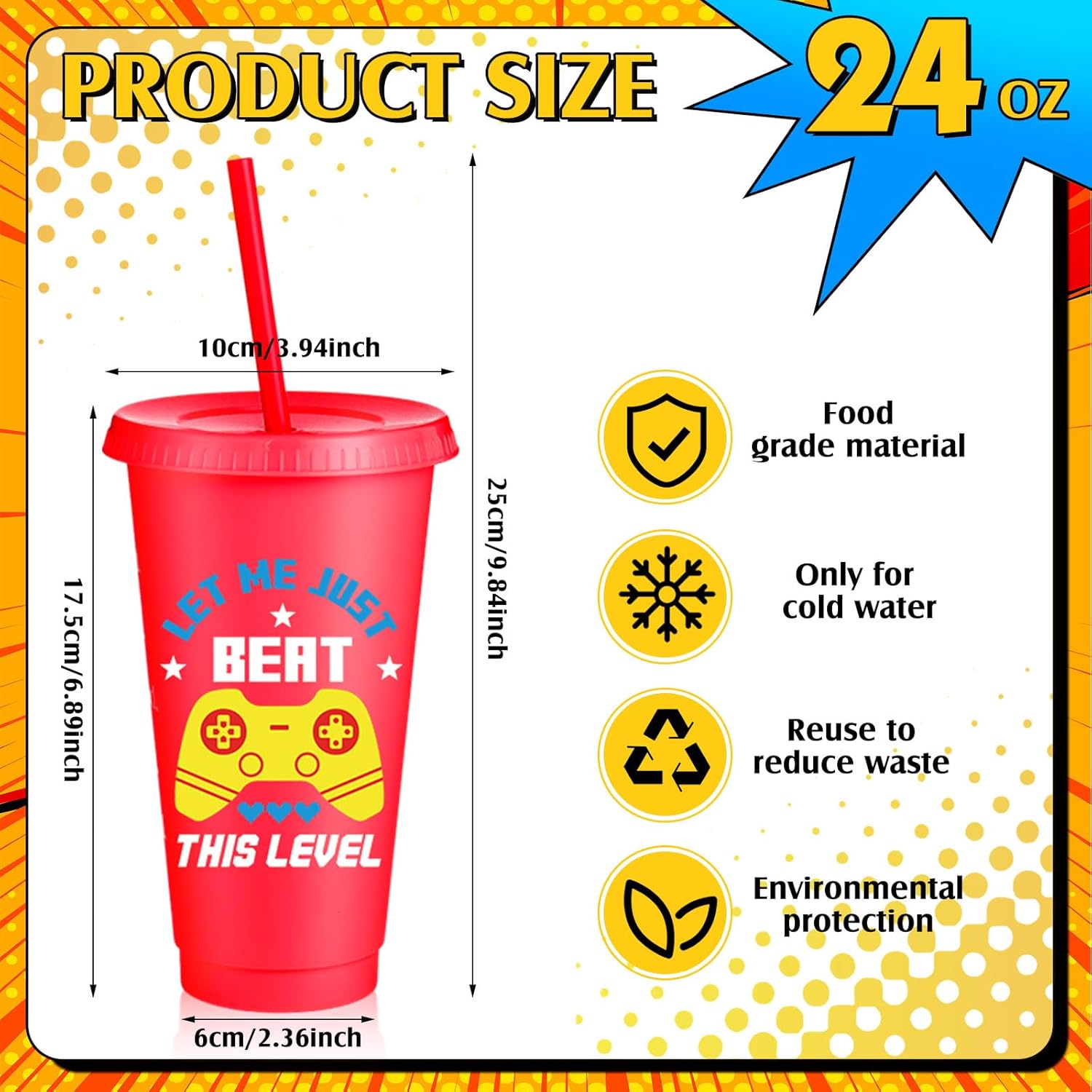 Potchen 16 Pcs Video Game Plastic Cups Gaming Party Favor with Lids and Straws 24 oz Gamer Reusable Tumbler Water Mug for Fun Video Birthday Party Supplies for Adults (Colorful)