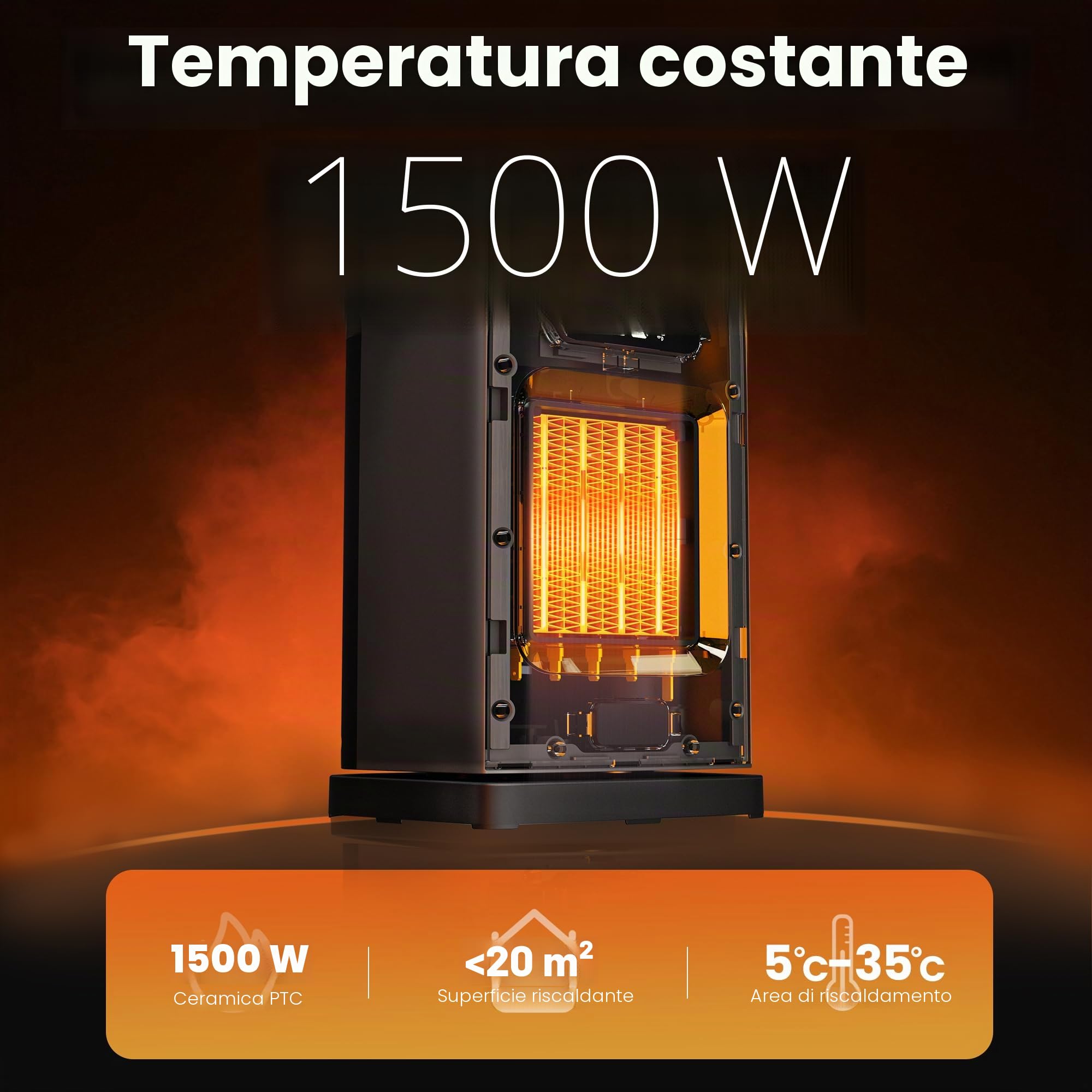 FLANUR Stufetta Elettrica Basso Consumo 1500W, Riscaldamento Portatile Ceramico PTC con Termostato,Oscillazione 70°, Timer 12H, Telecomando, 1 Pack+4 Modalità