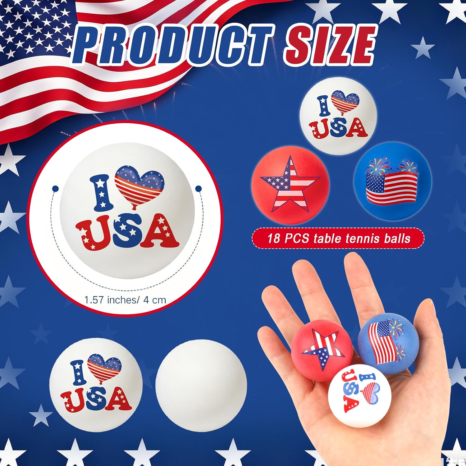 HOWAF 18pcs 4th of July Table Tennis Balls, 40mm Independence Day Ping Pong Balls, Patriotic Red White and Blue Table Tennis Ball America Flag Star Plastic Ball for USA 1776–2026 Birthday Gift