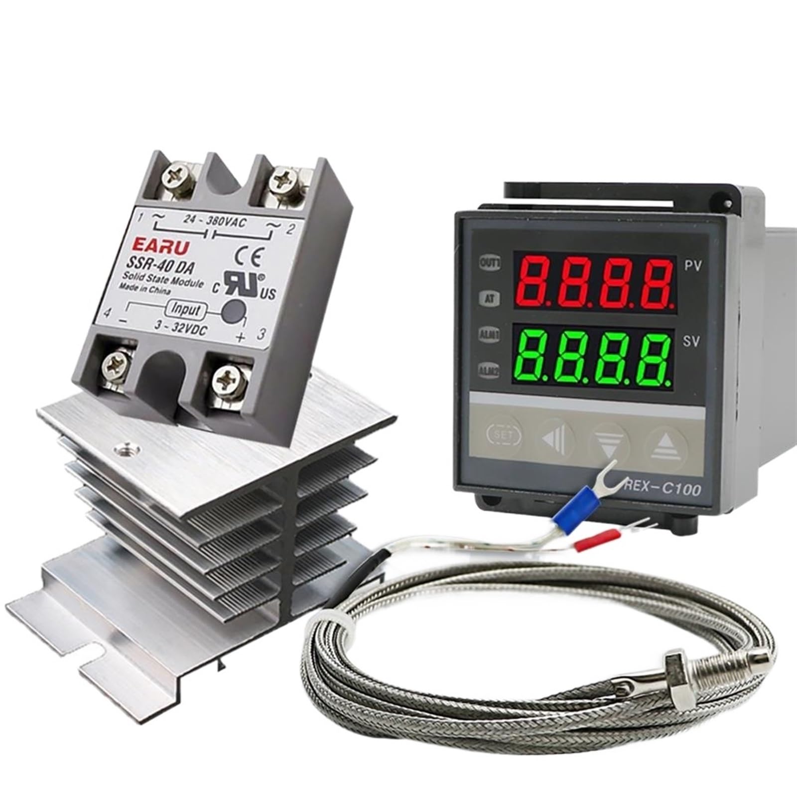 Controlador de temperatura PID digital Termostato REX-C100 + Relé SSR SSR-40DA Max 40A + Termopar K Sonda M6 1M con disipador de calor (Size : 40DA Heat Sink)