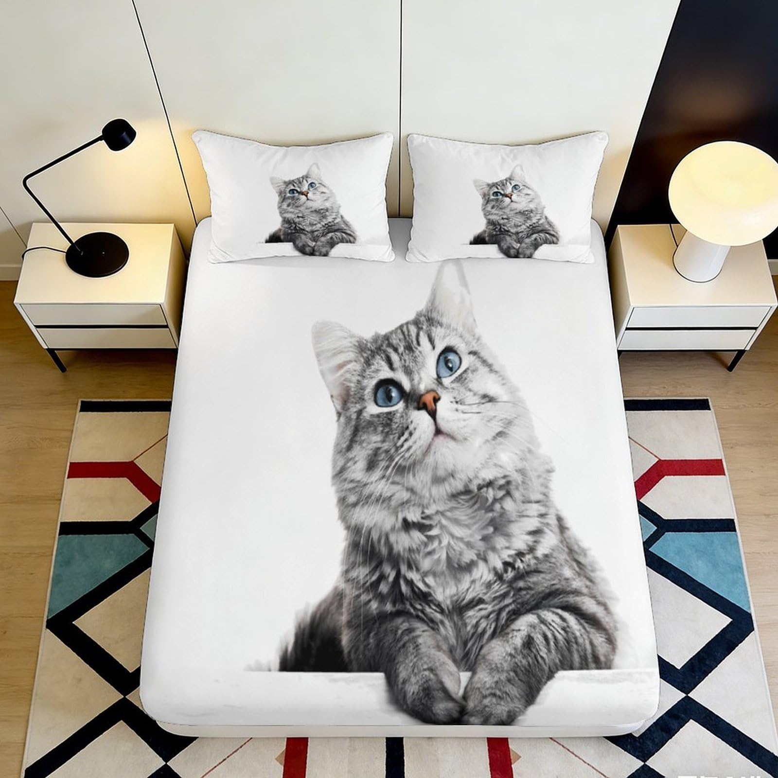 3D Printed Grey Tabby Cat Fitted Sheet Microfiber Soft Non-slip Mattress Cover for Bedroom Guest Room Dorm Decor 90x200x25cm