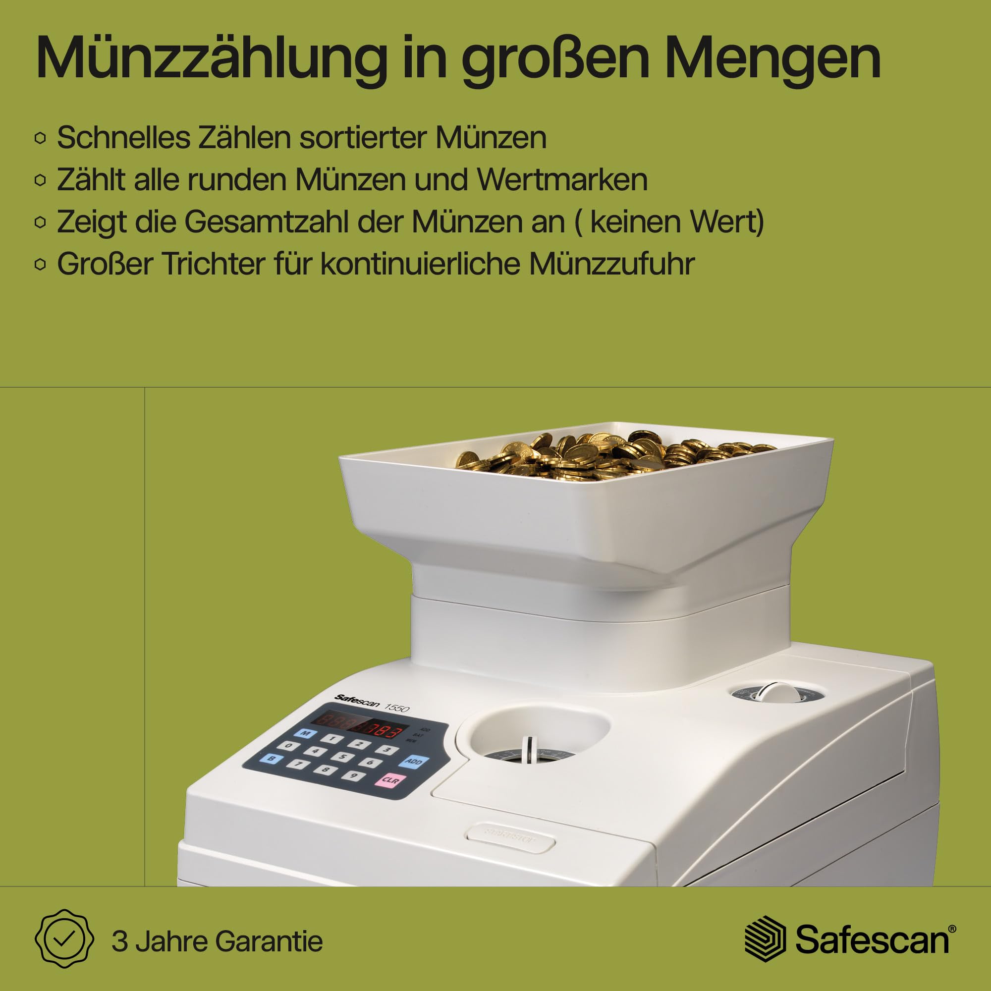 Safescan 1550 HighSpeed Münzzähler zählt schnell sortierte Münzen - Robuste Geldzählmaschine für Münzzählungen mit hohem Volumen - Geldzählmaschine für alle sortierten runden Münzen und Wertmarken