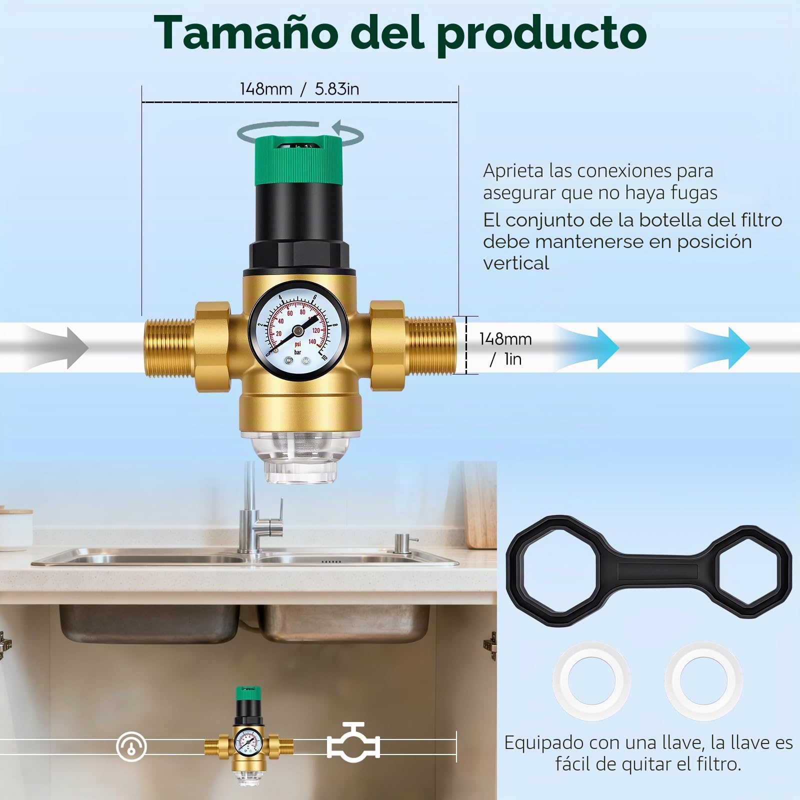 Reductor de Presión de Agua de 3/4 Pulgadas, Regulador de Presión de Agua de Latón con Manómetro y Filtro, Reductor de Presión de Agua Ajustable para Residencias, Jardín, Edificios y Fábricas