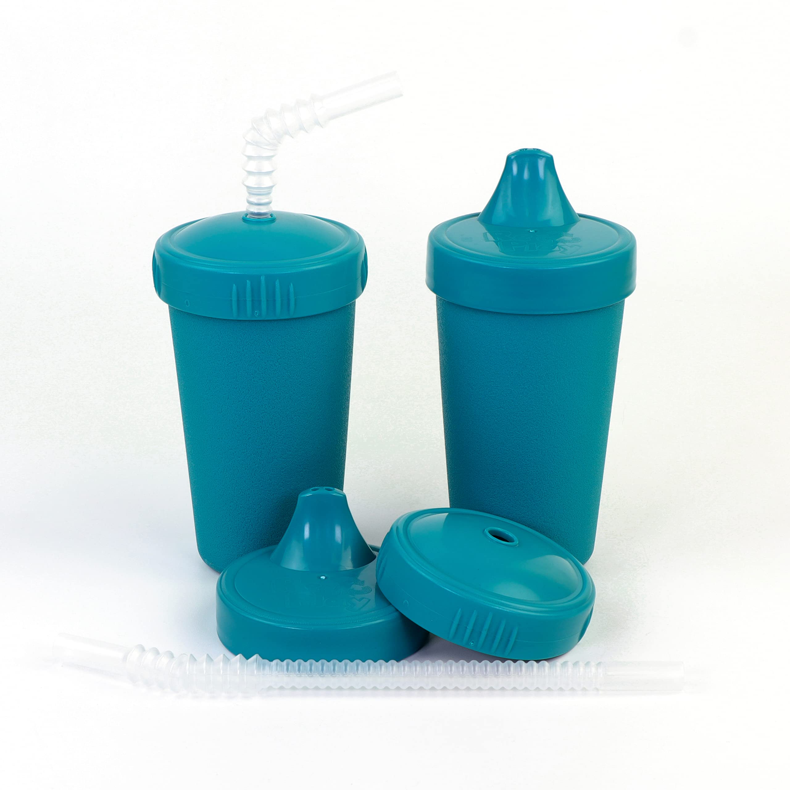 Re-Play Made in USA 2 Convertible Cups for Toddlers with Sippy Cup and Straw Cup Lids - 2 Plastic 10 Oz. Toddler Cups, 2 Hard Sput Sippy Cup Lids, 2 Straw Cup Lids and 2 Bendy Straws - Teal