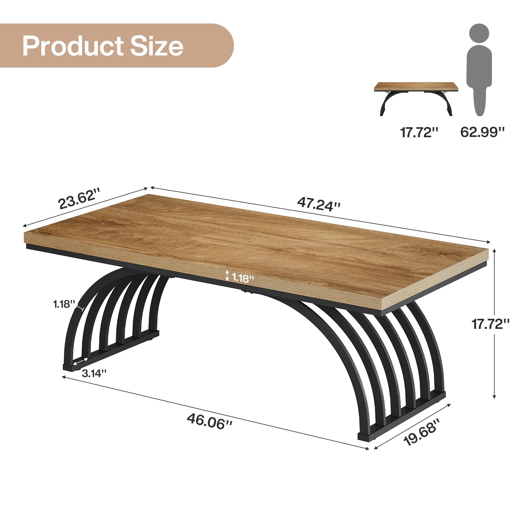 Tribesigns Mesa de centro de 120 cm, mesa de centro industrial con patas de metal, mesa de acento moderna de madera, mesa de té en casa oficina, color marrón claro