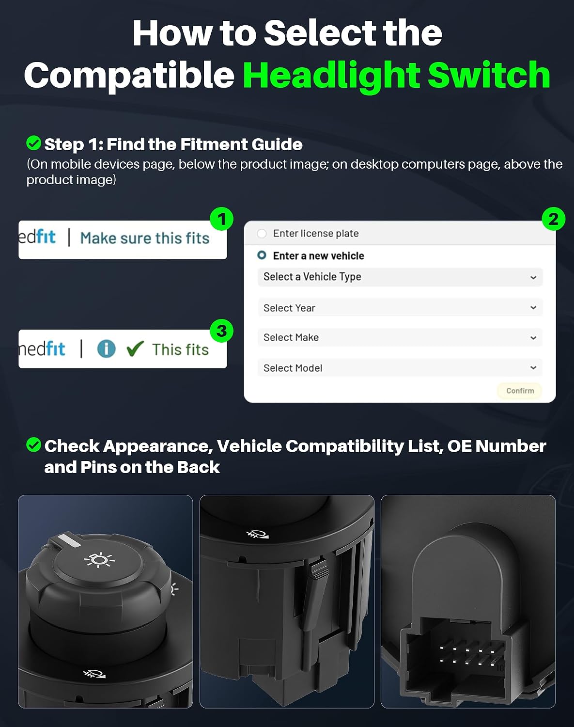 Headlight Dimmer Switch Compatible with Ford F150 (2009-2014), Ford F250 F350 F450 F550 Super Duty (2011-2016), Fog Light Headlamp Switch Replaces 9L3Z11654CA, HLS1463