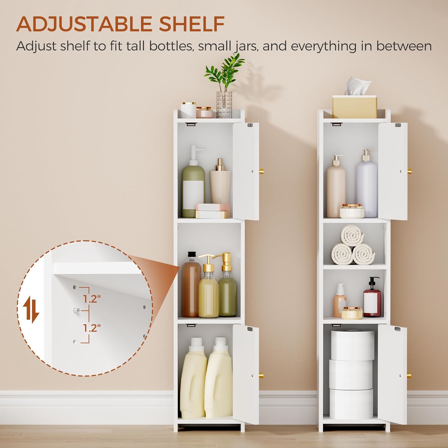 ANWBROAD Slim Bathroom Storage Cabinet Corner Narrow Cabinet with 2 Doors and Adjustable Shelf Freestanding Small Bathroom Organizers and Storage for Small Spaces, Kitchen, Living Room White USBC011W