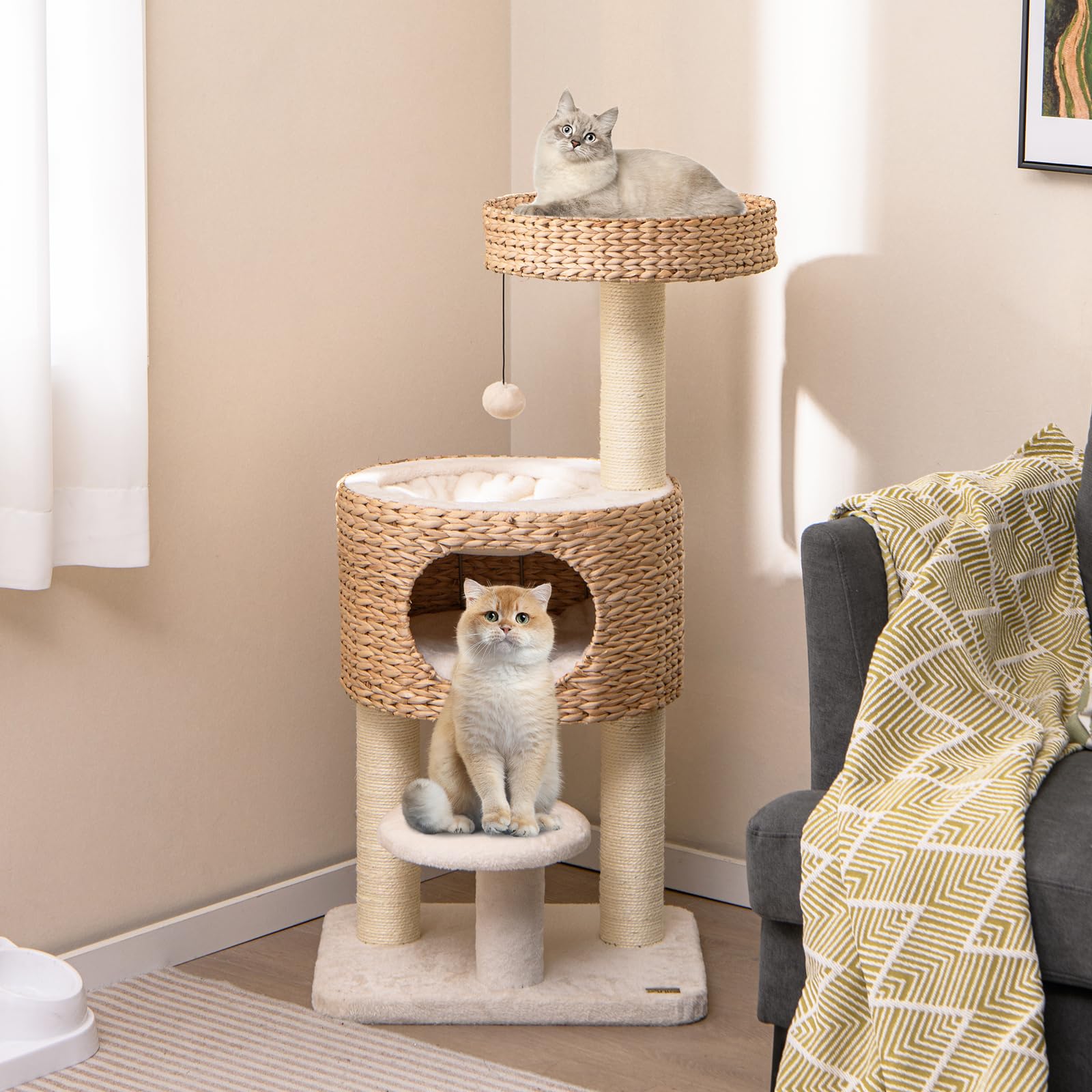 PETSITE 41 inch Modern Cat Tree for Indoor Cats, Multi-Level Small Cat Tree with Sisal Scratching Posts, Cattail Top Perch and Cat Condo, Natural