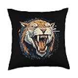 Cool Sabertooth Nice Sabertooth Face for Tiger and Prehistoric Animals Fans Throw Pillow, 18x18, Multicolor