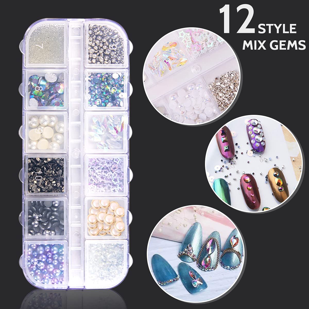 JOYJULY Nail Art Decoration Kit - 3 Boxes Nail Art Sequins Glitter Shapes 2 Boxes Nail Rhinestones with 2 Jars Chrome Nail Powder for Nail Art Supplies Accessories DIY Acrylic Nail Art/Craft/Makeup