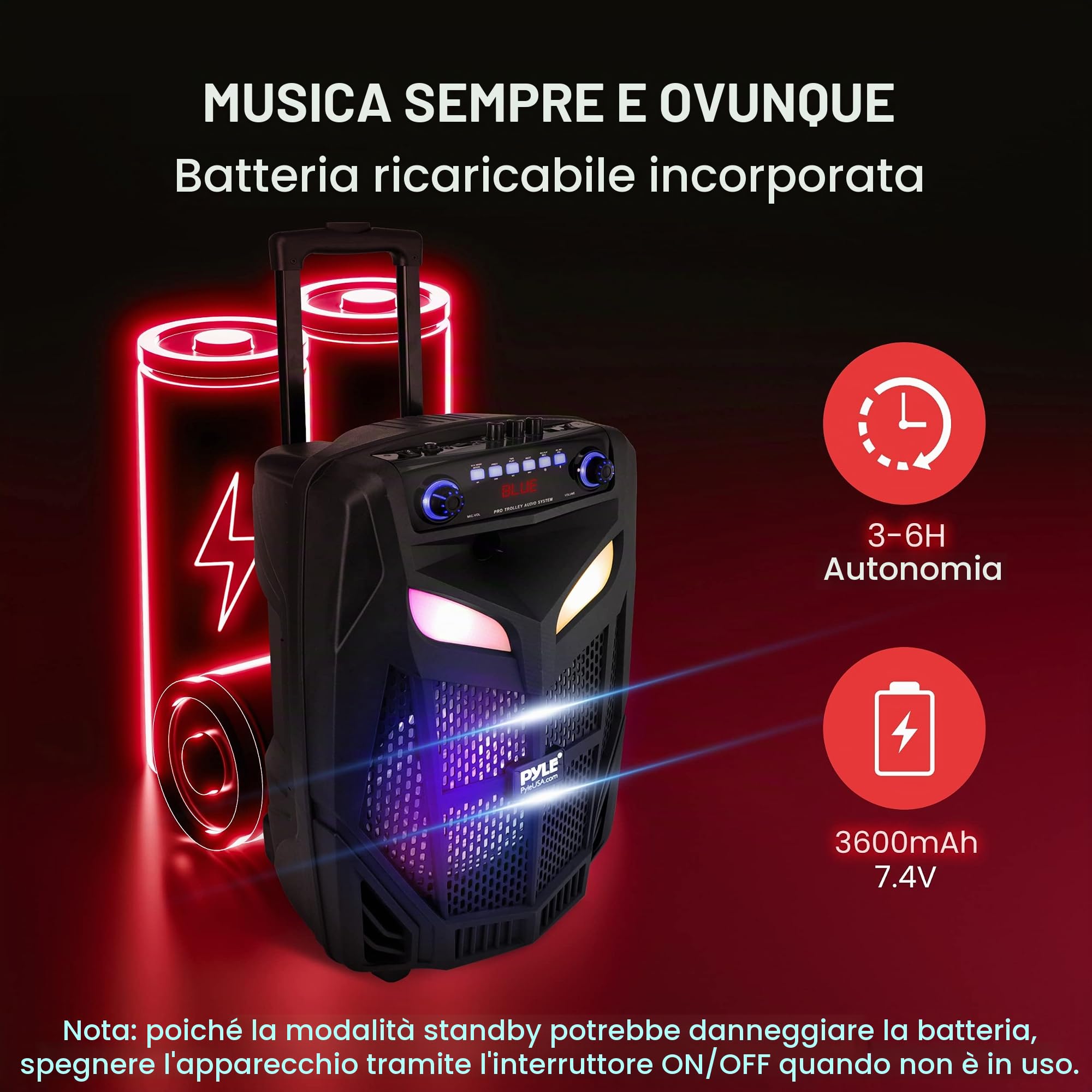 Pyle Cassa Bluetooth Portatile 600W, Altoparlante Bluetooth PA 25cm per Esterni con 2 Microfoni Wireless, Luci, USB/SD, Radio FM, Ruote, Telecomando