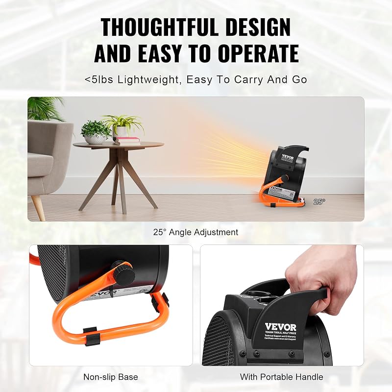 VEVOR Greenhouse Heater, 1500W PTC Fast Heating With Overheat Protection, 3-Speed Setting Small Grow Tent Fan, Electric Portable for Green House, Flower Room, Workplace image 7