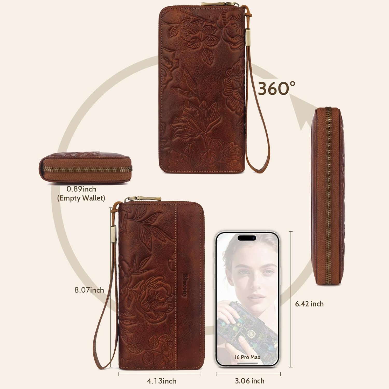 Leather Womens Wallet with Embossed Flowers,RFID Blocking Long Wallet For Women Large Capacity Wristlet With Card Holder Zip Coin Pocket(embossed brown) - Image 4