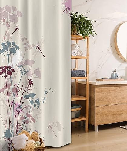 Miniatura 119 de Ambesonne Cortina de ducha hawaiana, diseño de hibisco hawaiano tropical, silueta de niña, tabla de surf, impresión de arte retro, juego de Fucsia