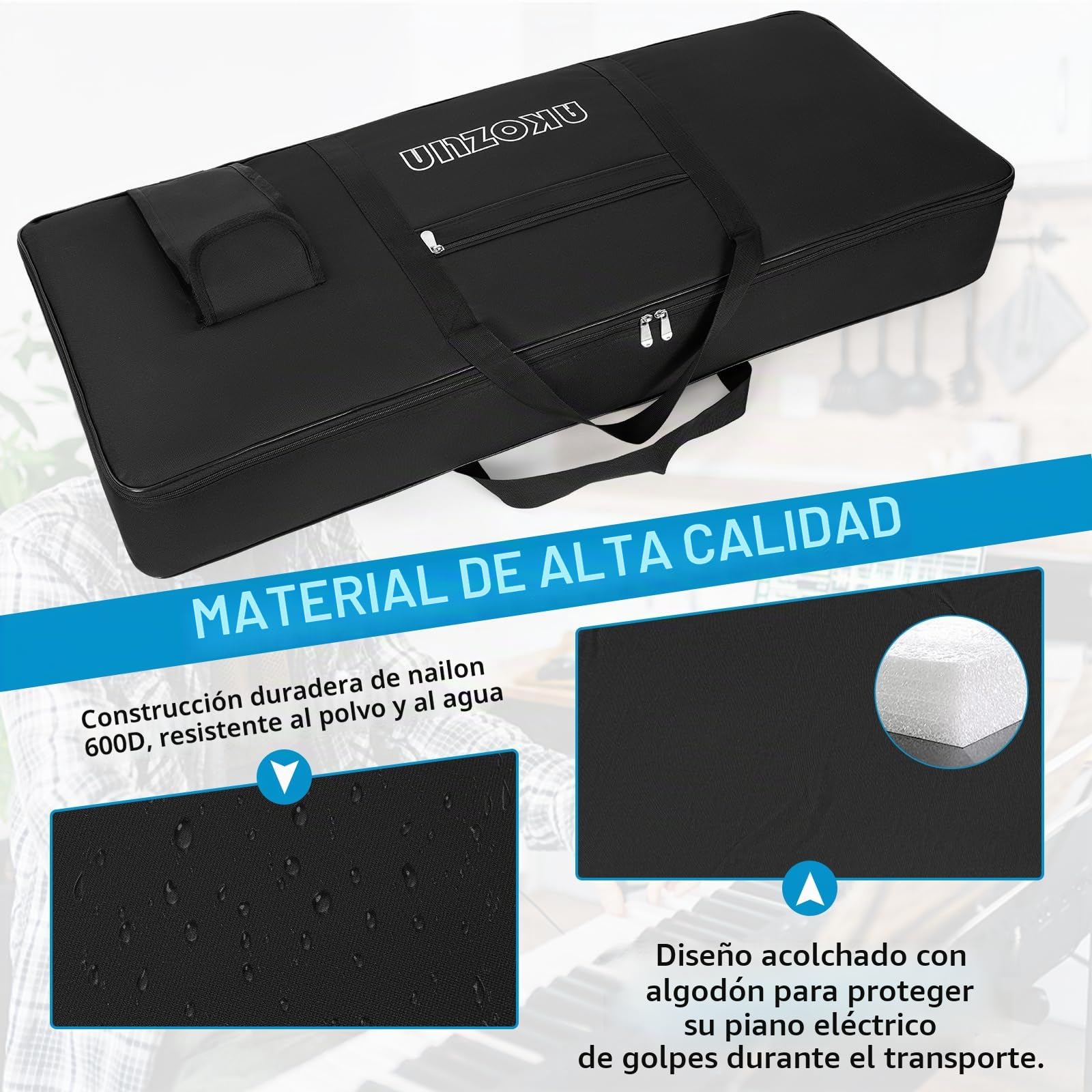 AKOZLIN Funda Acolchada portátil para Teclado de Piano eléctrico, 61-76-88 Teclas, Color Negro