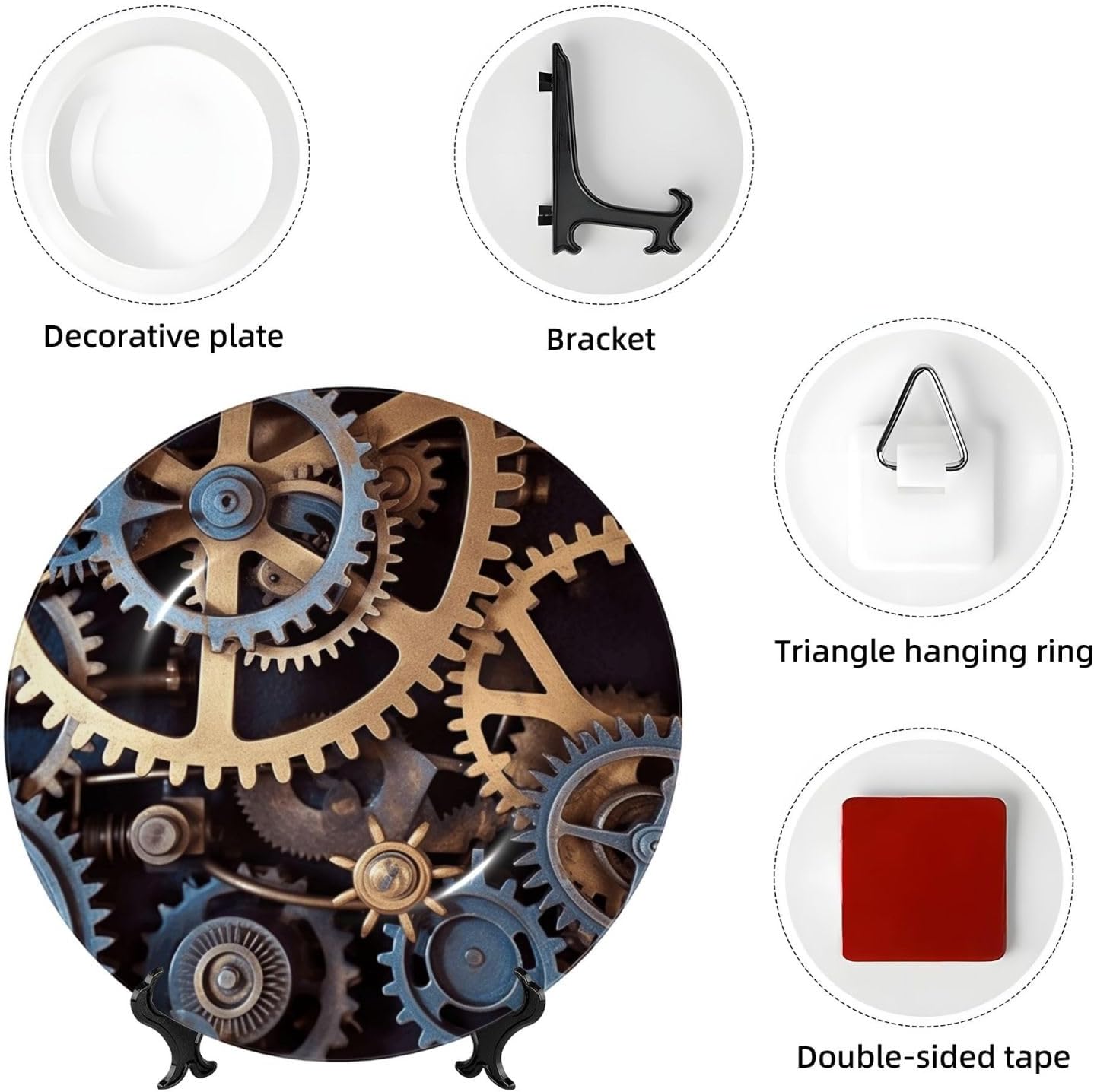 Bone China Decorative Plate with Display Clock Gears Ceramic Plates Crafts Art Decor Dessert Plate Ceramic Ornament Porcelain Plates for Living Room Kitchen Table Home Decor