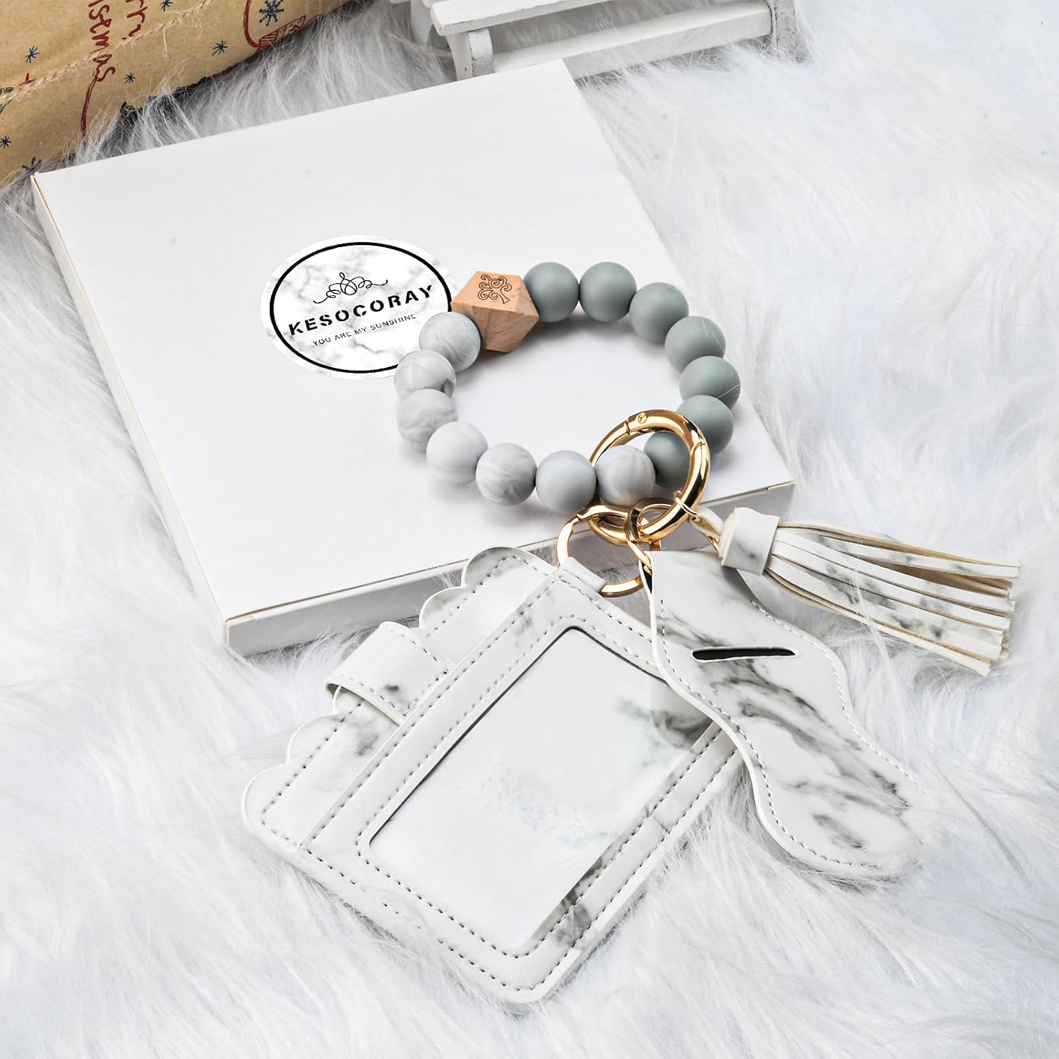 Women Wristlet Bracelet Keychain Wallet,Silicone Beaded Bangle Keyring Tassel image 3